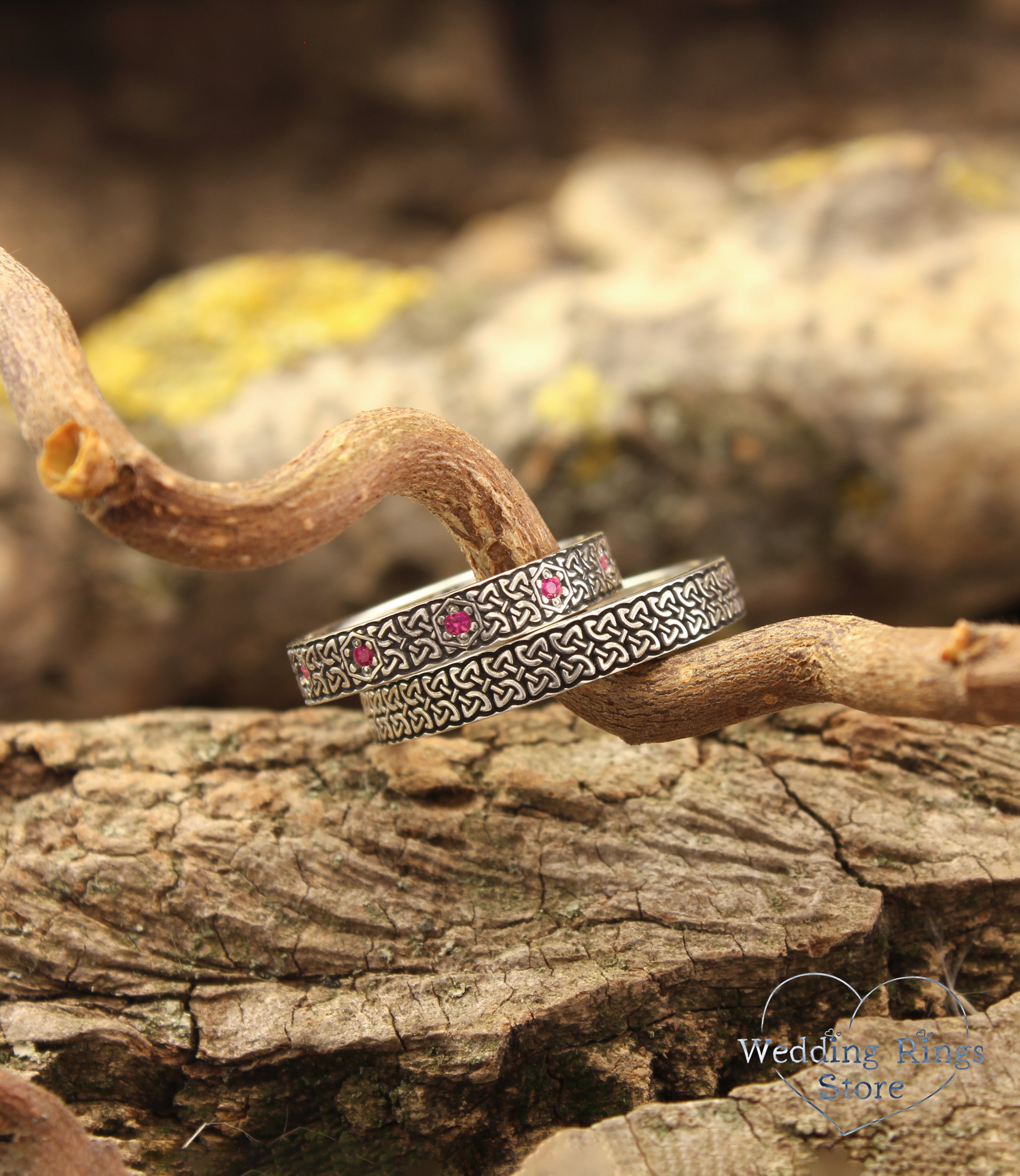 Delicate Silver Celtic Knot Matching Wedding Bands – Pink Gemstone