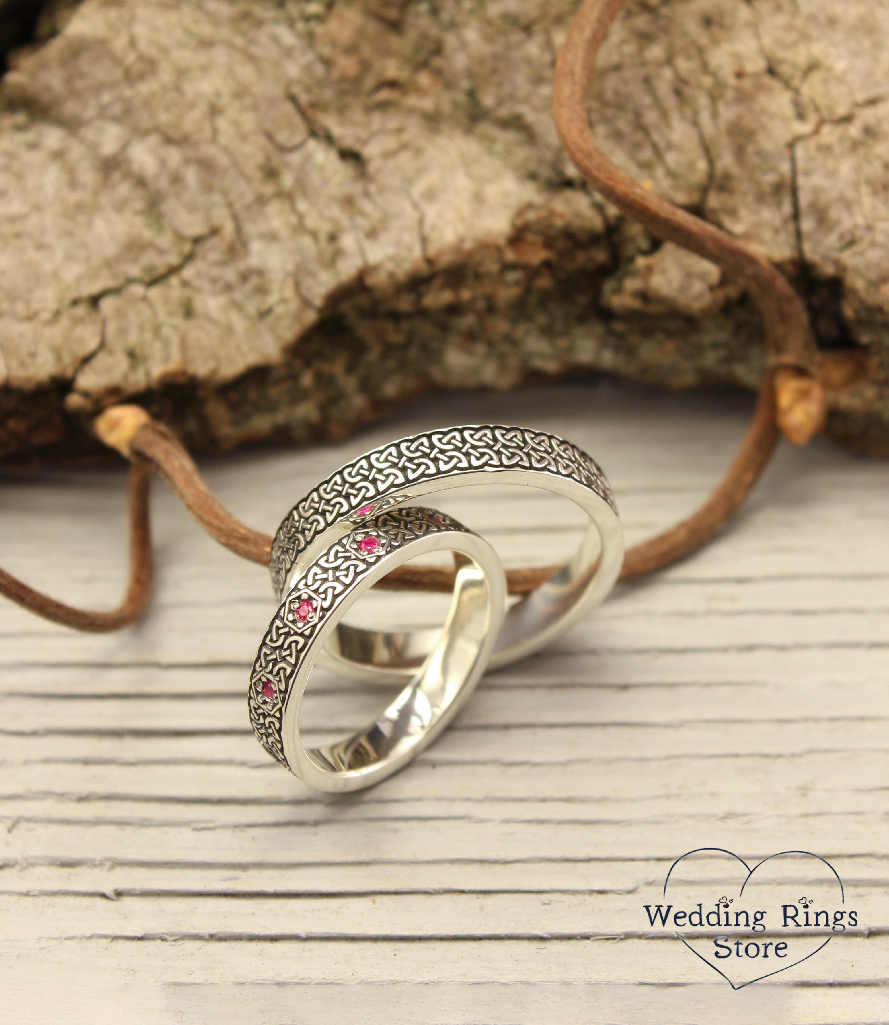 Delicate Silver Celtic Knot Matching Wedding Bands – Pink Gemstone