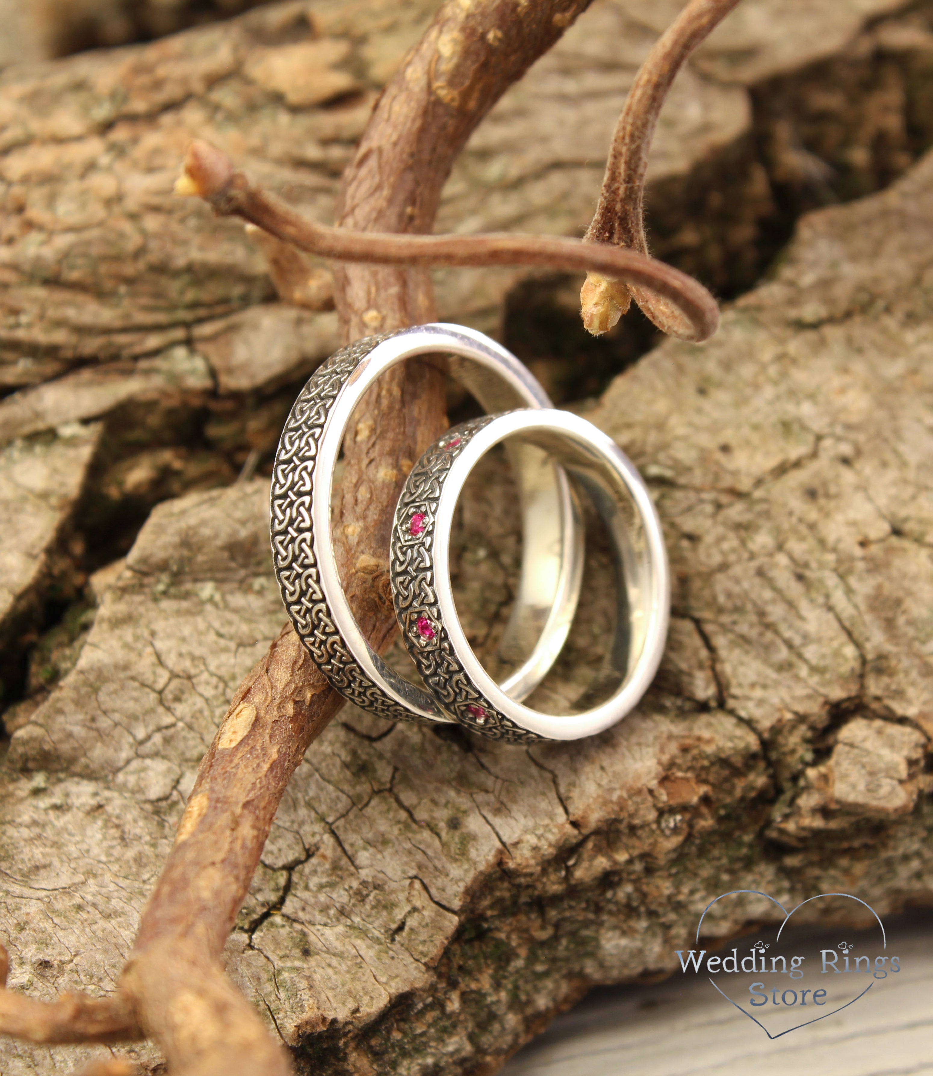 Delicate Silver Celtic Knot Matching Wedding Bands – Pink Gemstone