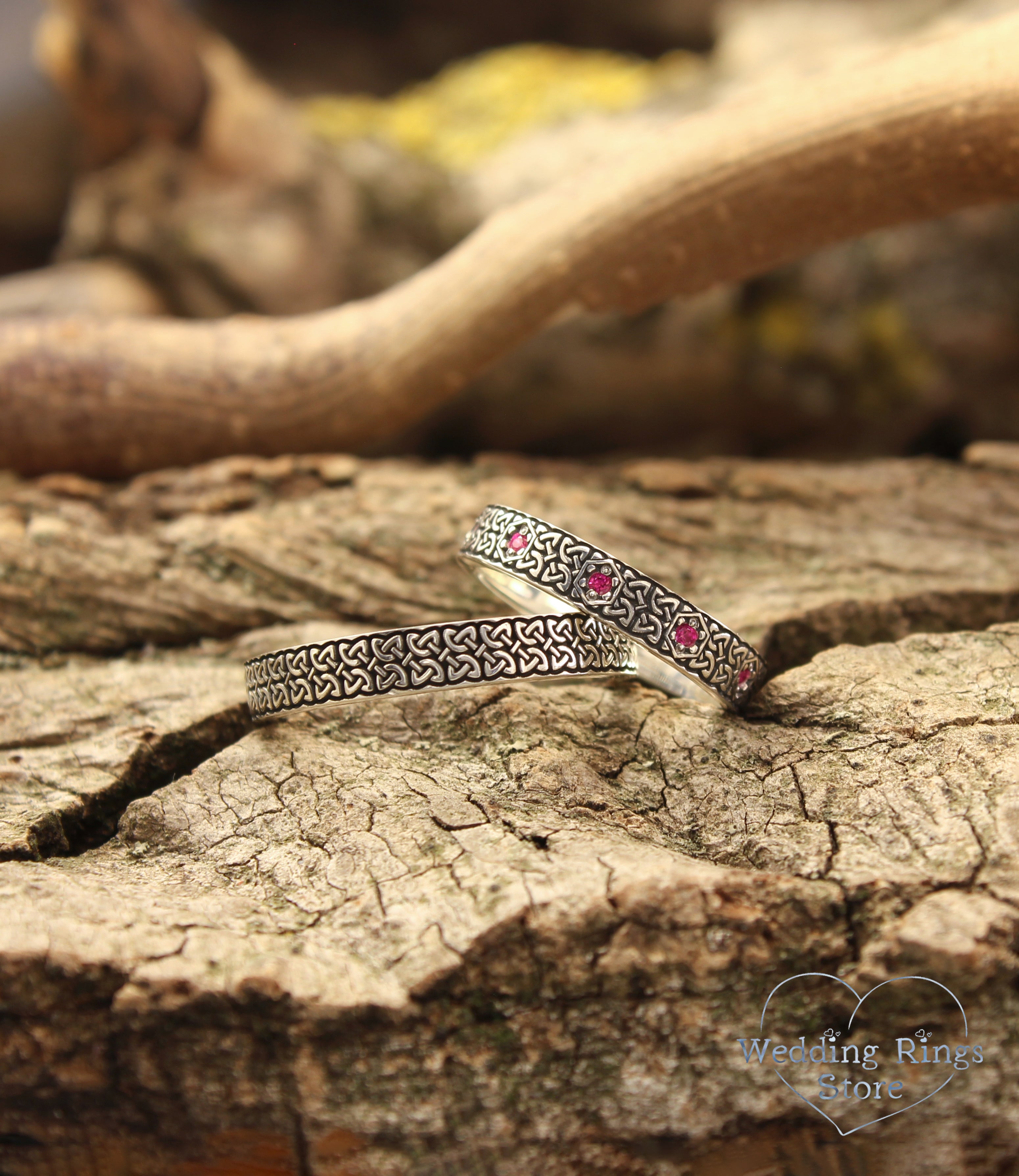 Delicate Silver Celtic Knot Matching Wedding Bands – Pink Gemstone