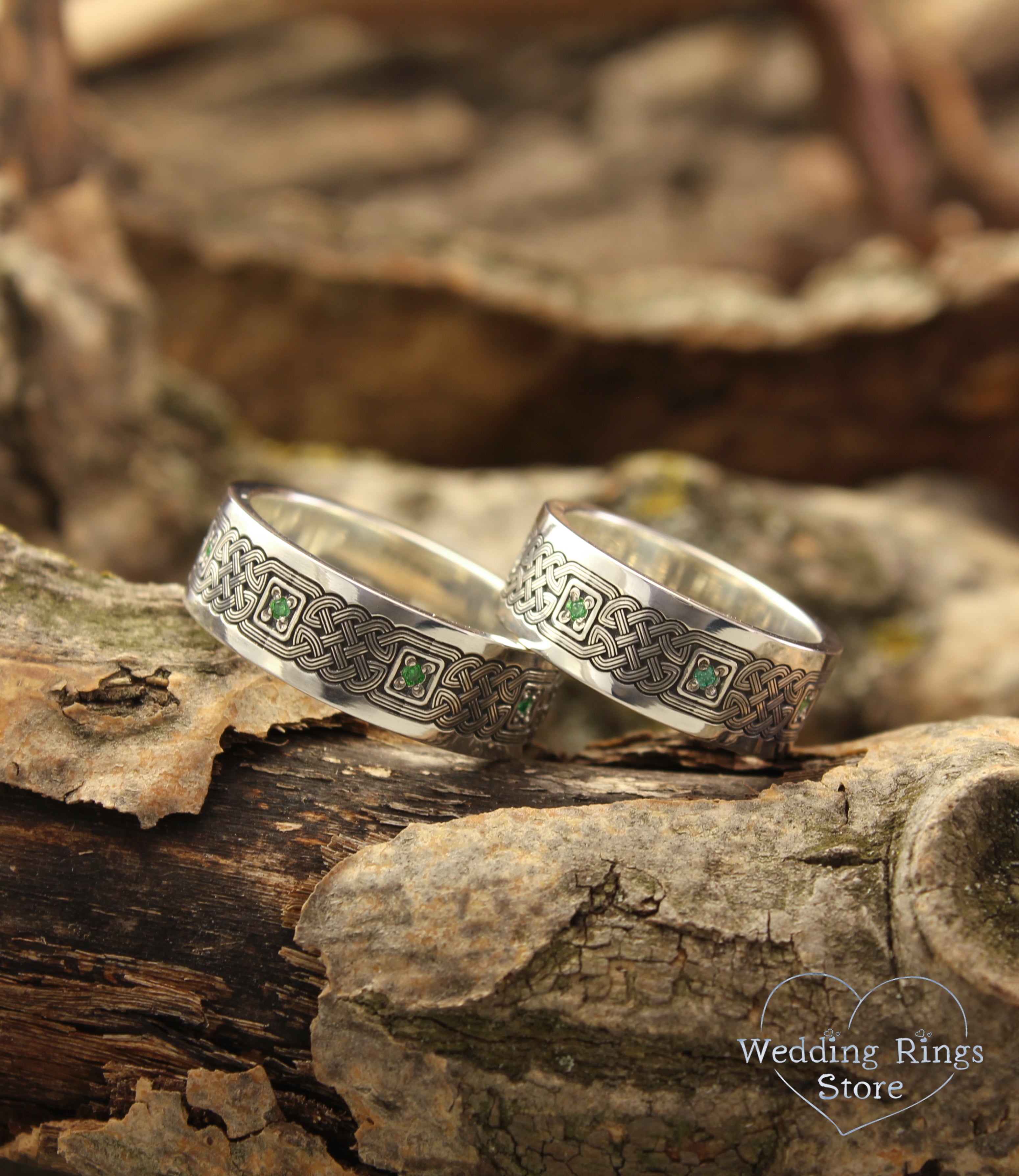Modern Silver Celtic Knot Matching Wedding Bands with Emeralds