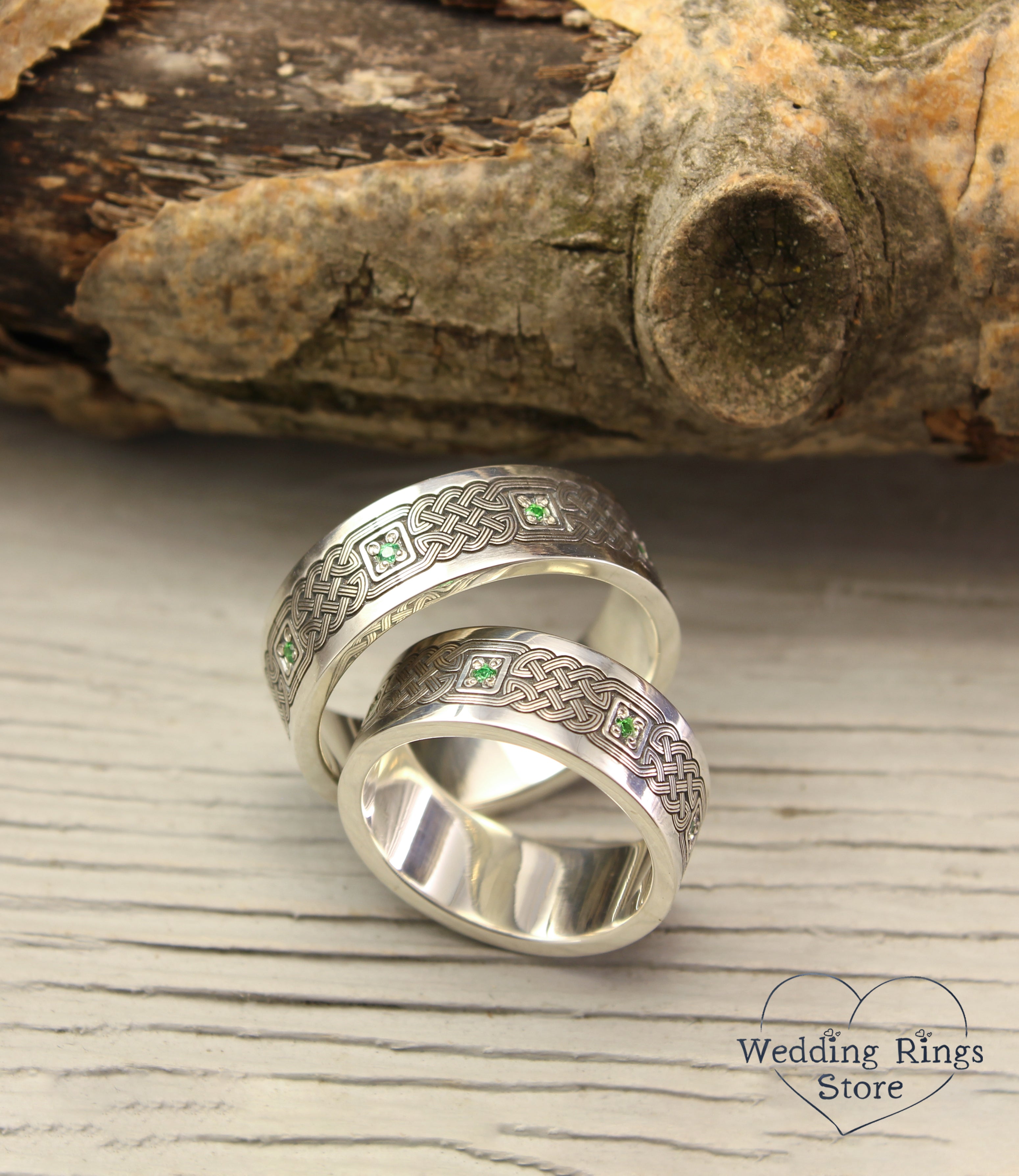Modern Silver Celtic Knot Matching Wedding Bands with Emeralds