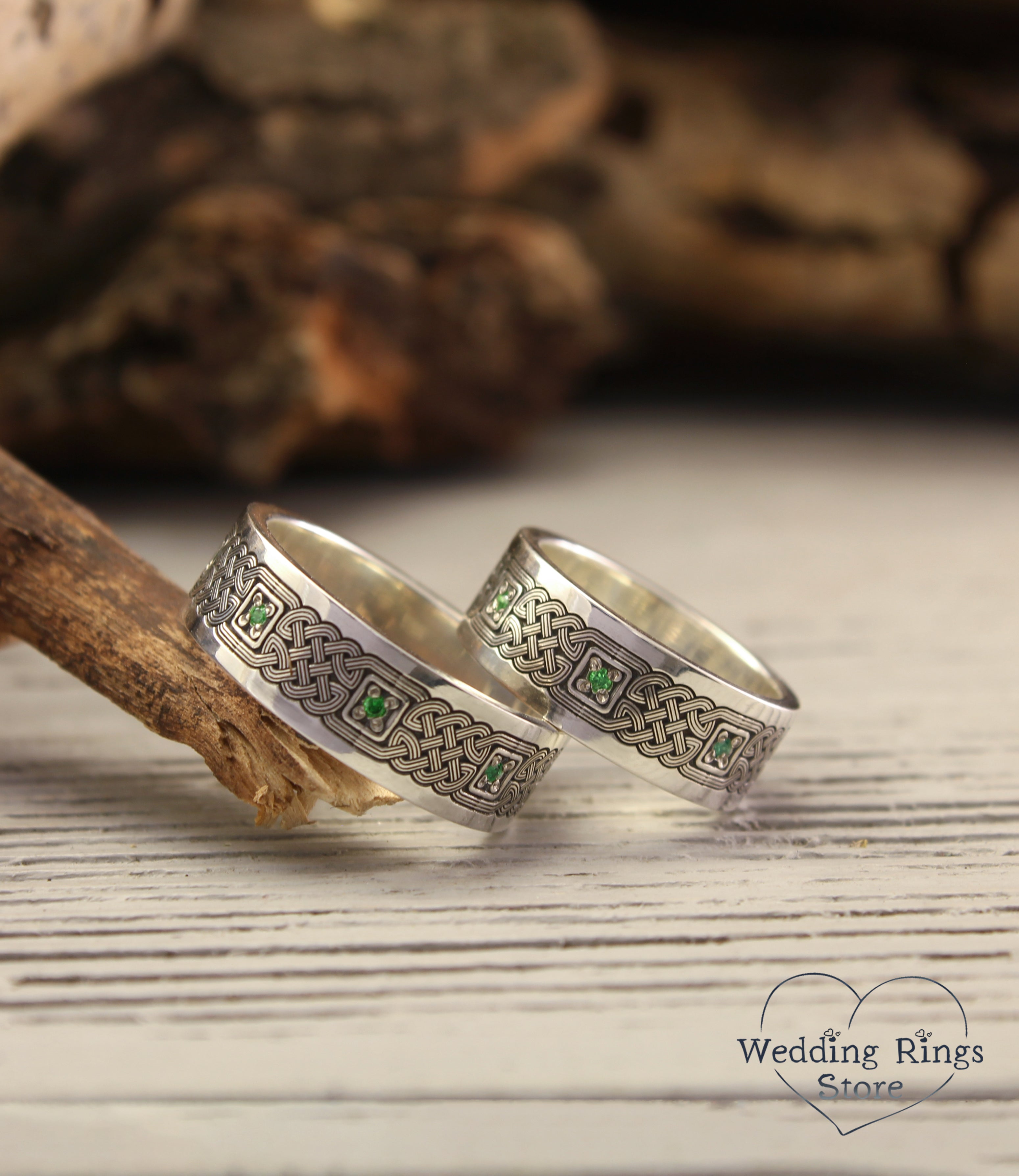 Modern Silver Celtic Knot Matching Wedding Bands with Emeralds
