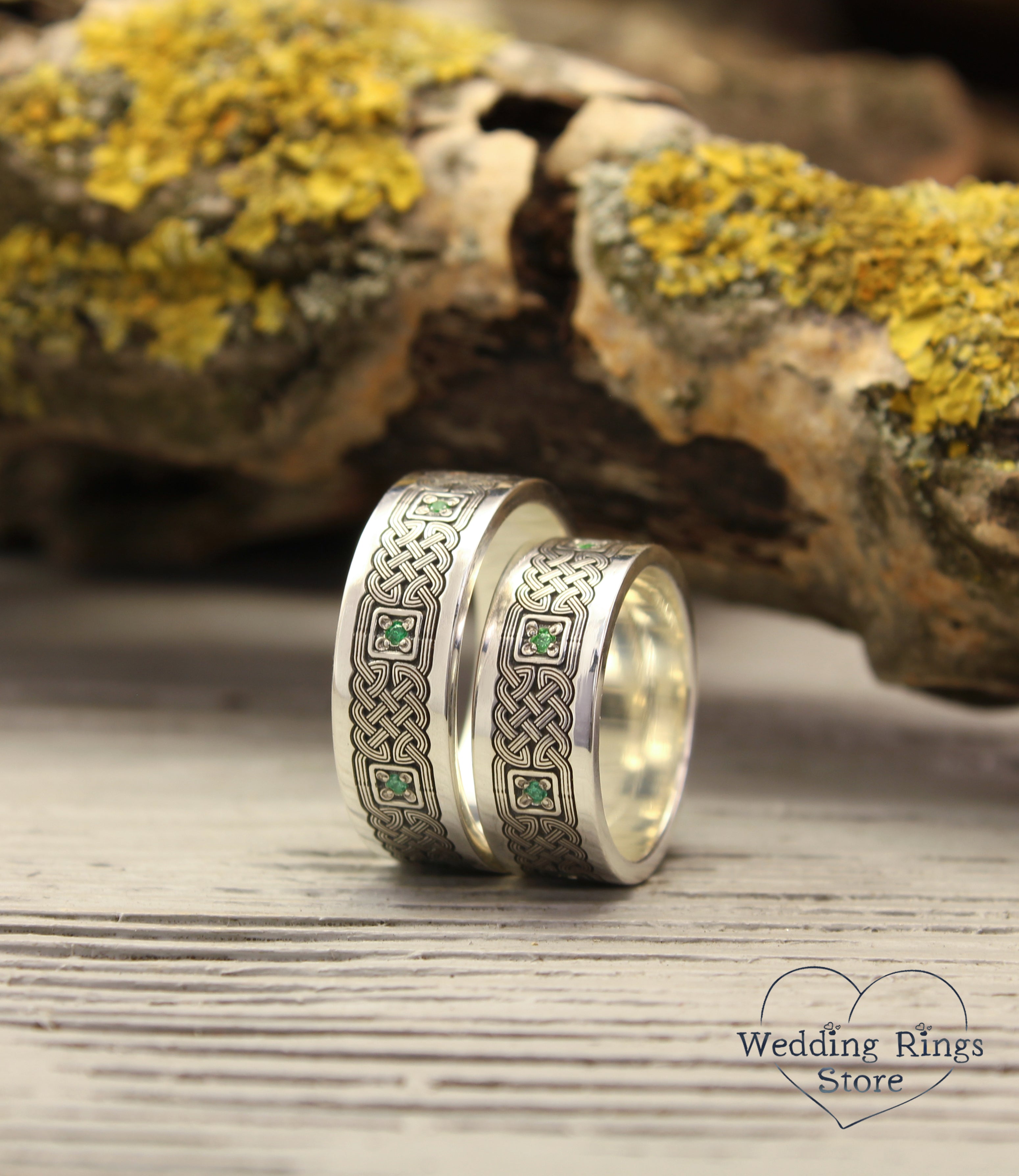 Modern Silver Celtic Knot Matching Wedding Bands with Emeralds