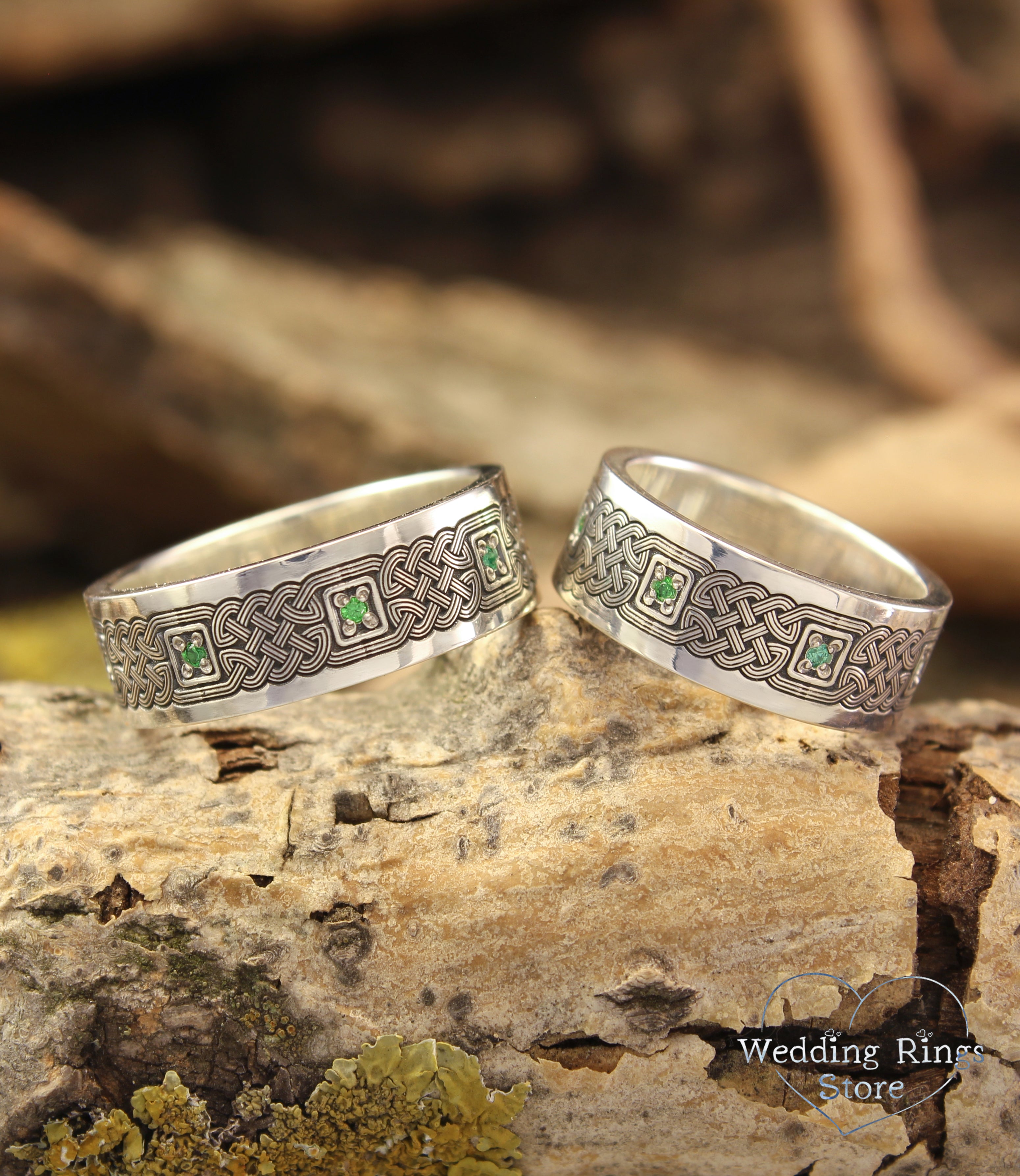 Modern Silver Celtic Knot Matching Wedding Bands with Emeralds