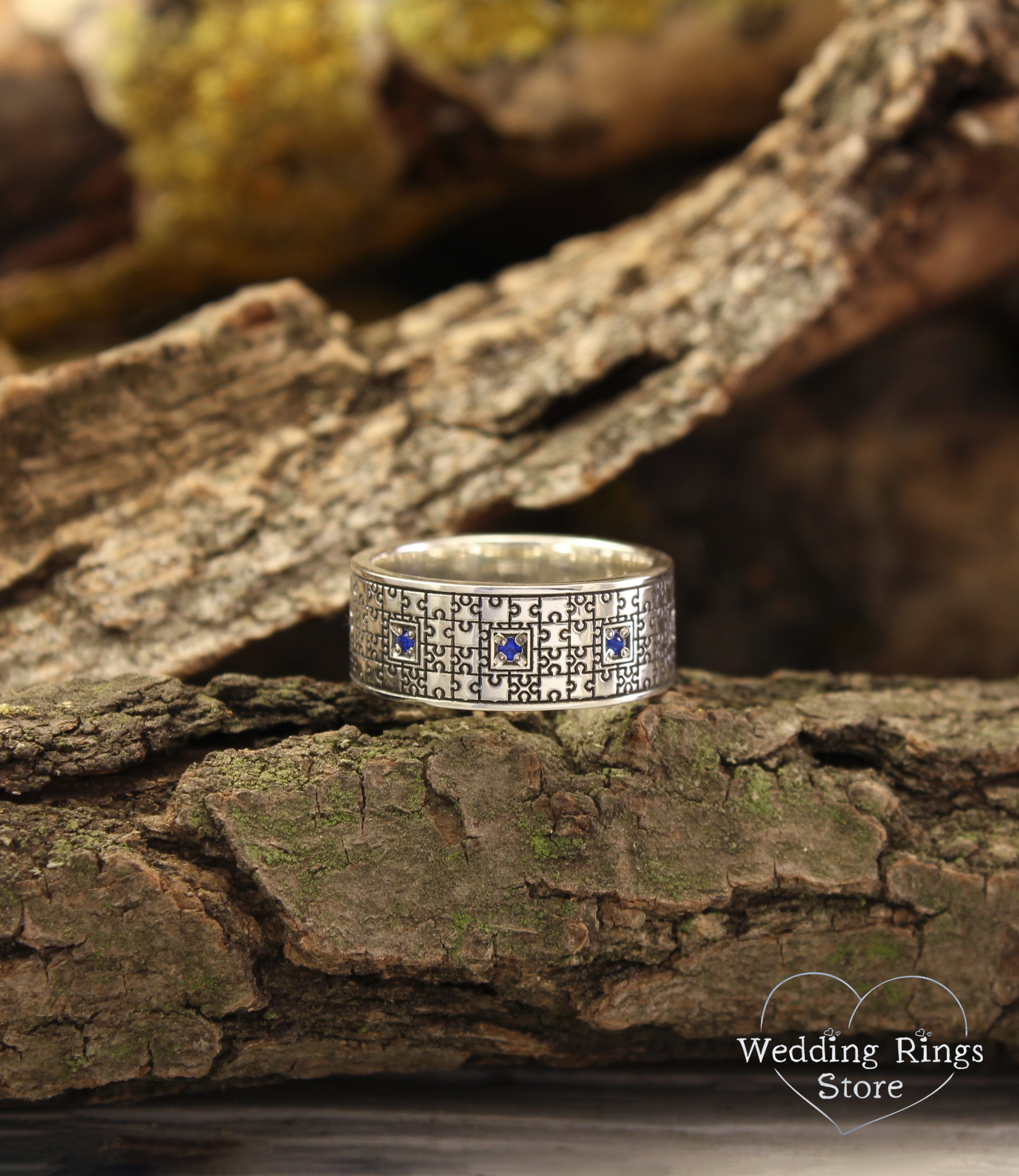 Unique Silver Engraved Puzzle Wedding Rings Set and Multi Stones