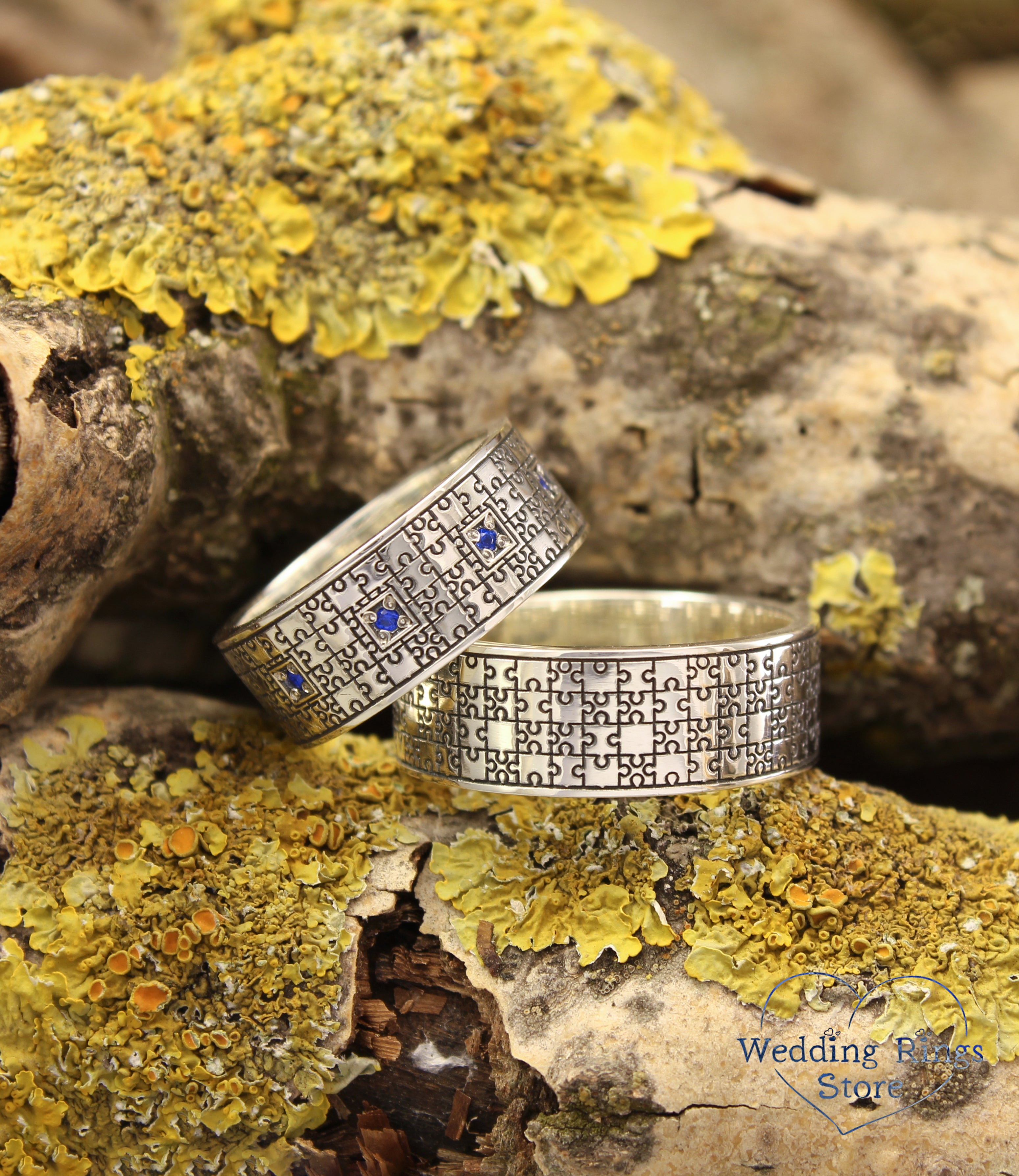 Unique Silver Engraved Puzzle Wedding Rings Set and Multi Stones