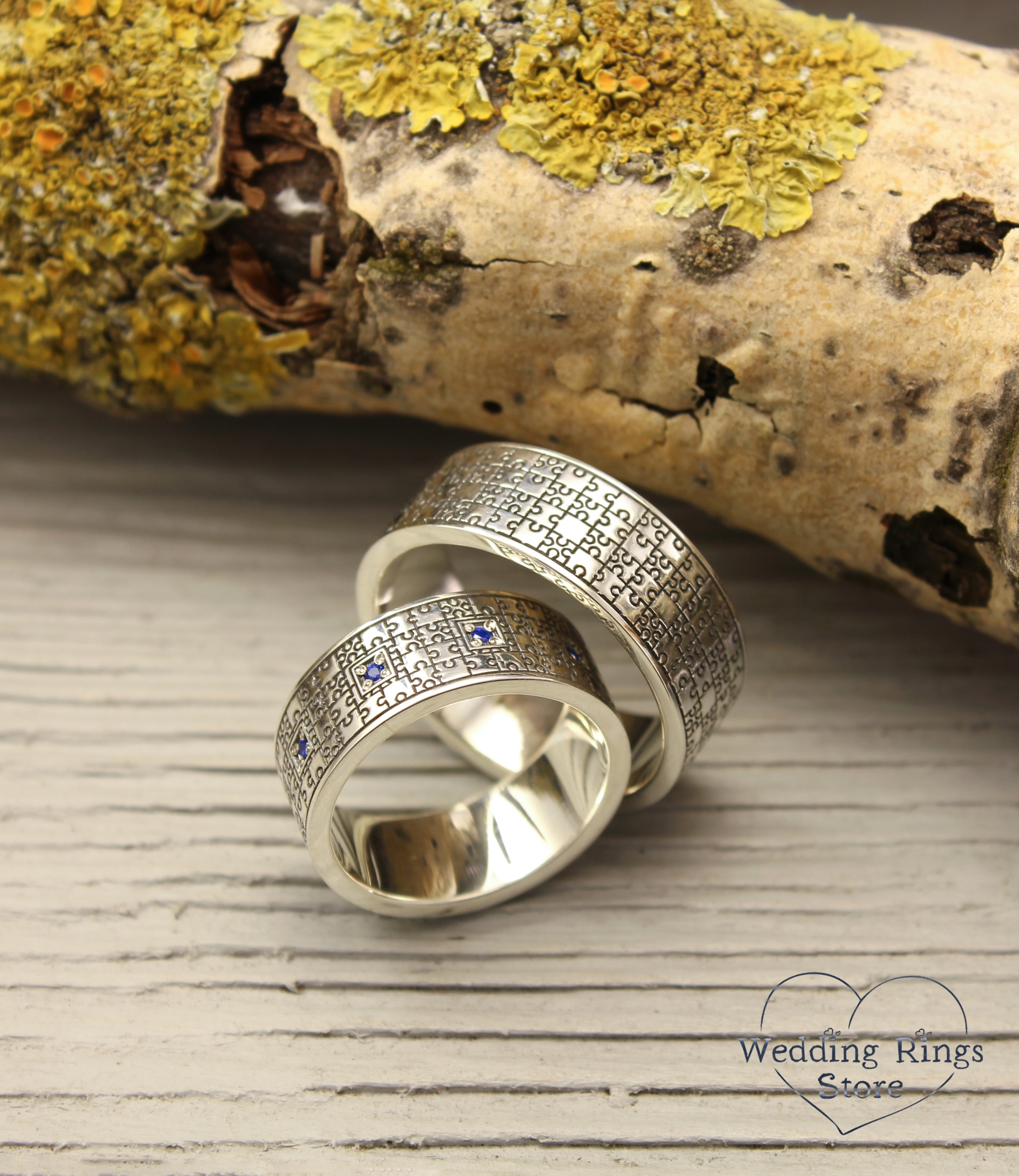 Unique Silver Engraved Puzzle Wedding Rings Set and Multi Stones