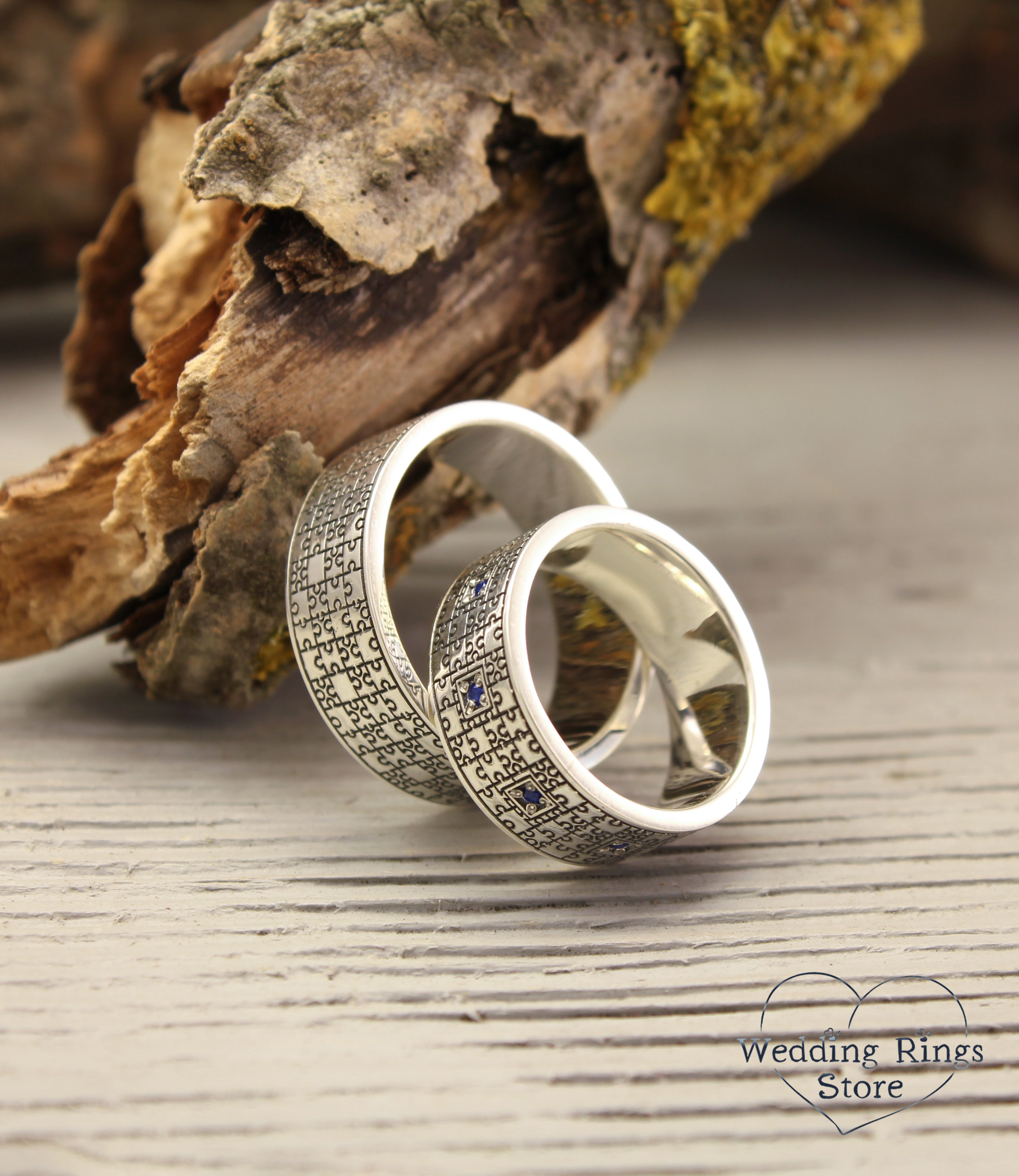Unique Silver Engraved Puzzle Wedding Rings Set and Multi Stones