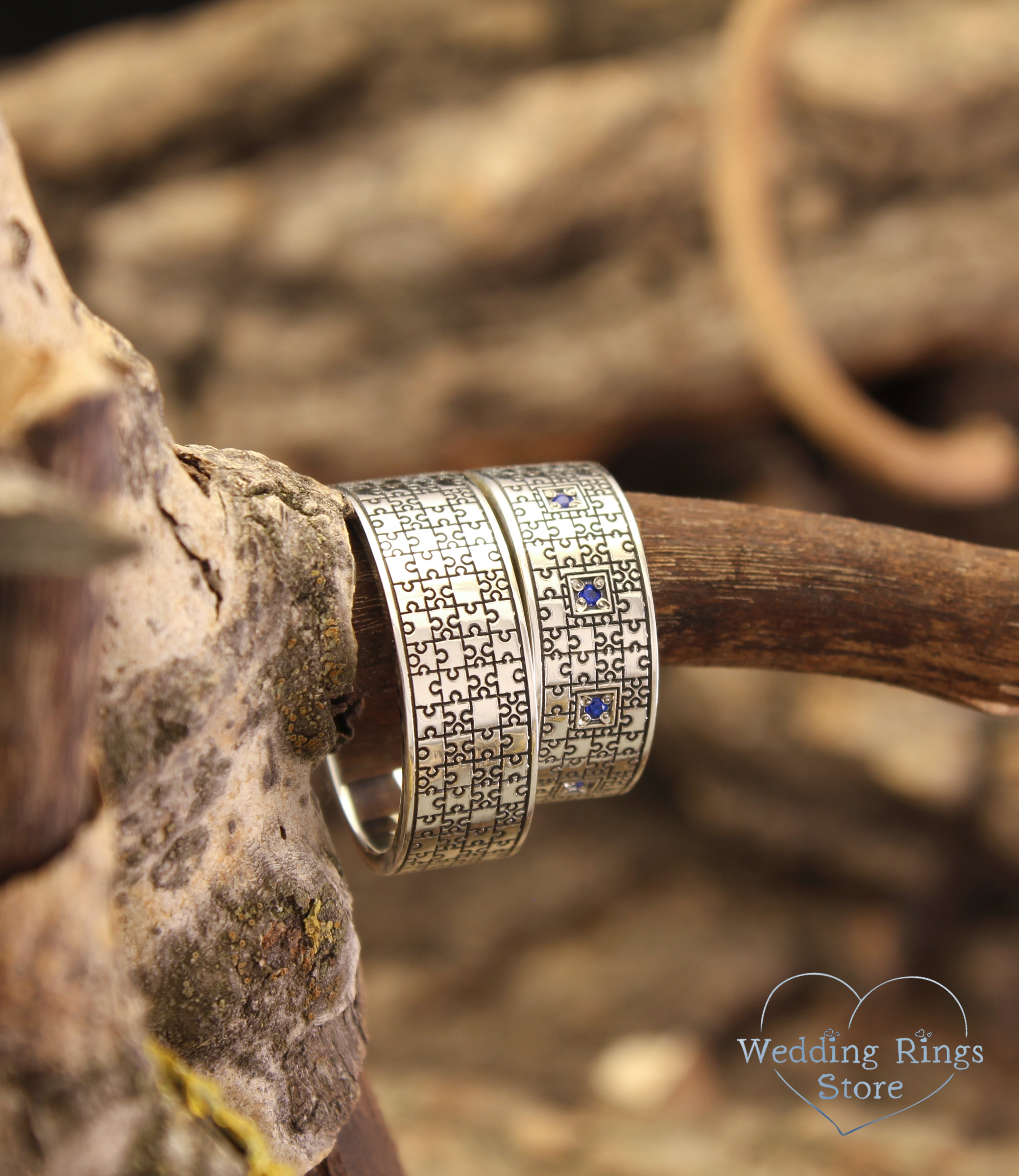 Unique Silver Engraved Puzzle Wedding Rings Set and Multi Stones