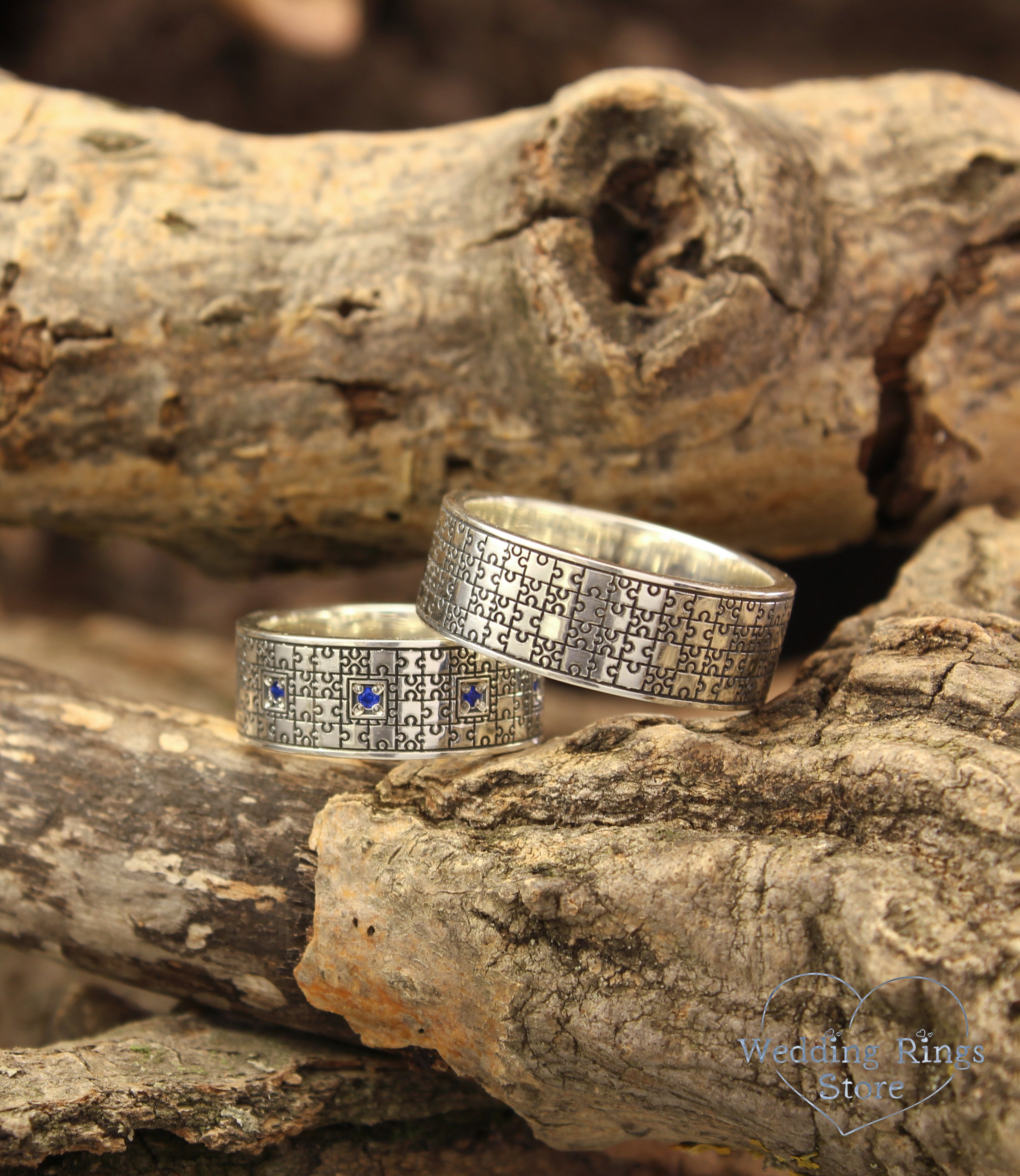 Unique Silver Engraved Puzzle Wedding Rings Set and Multi Stones