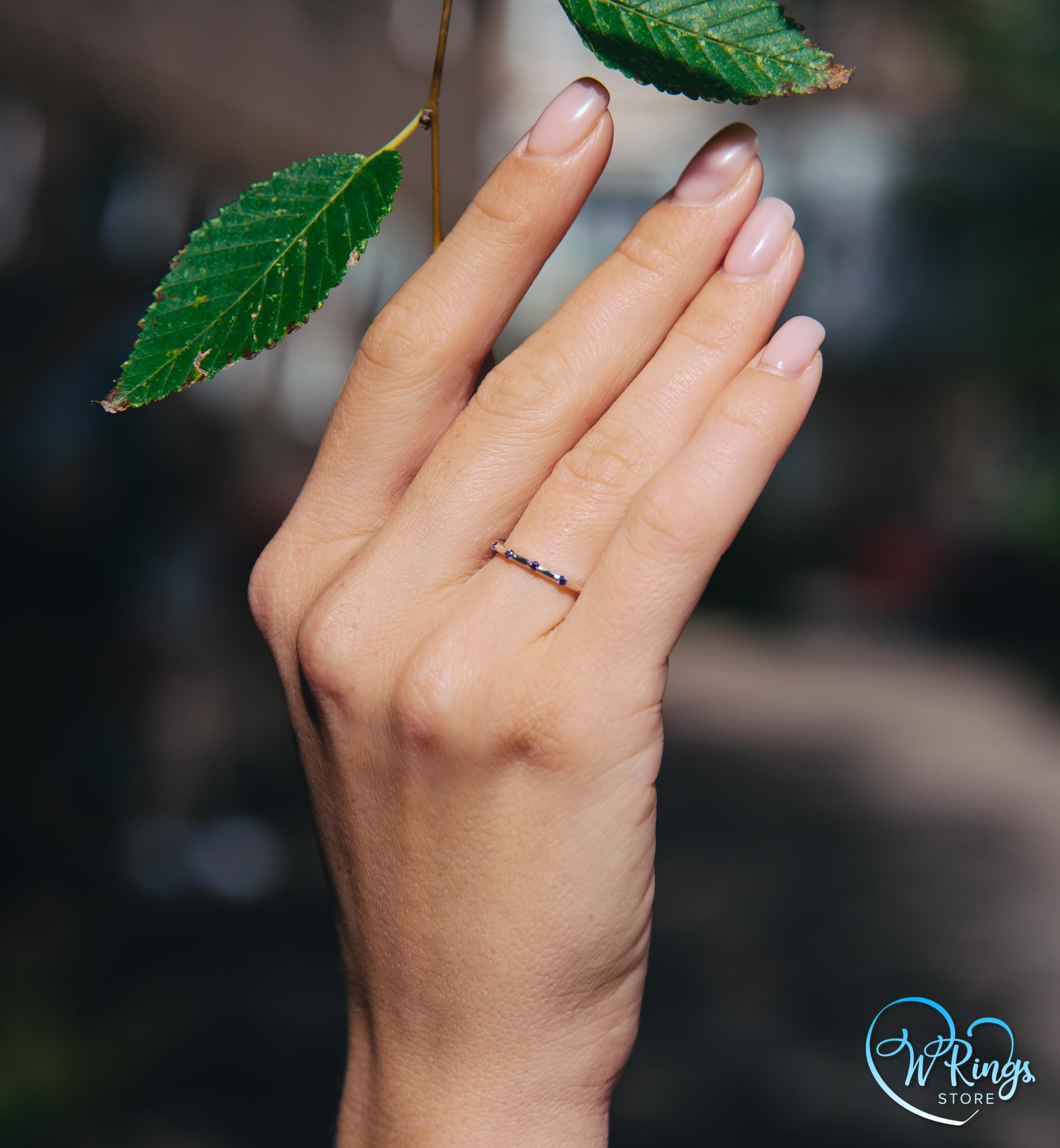 5 Divided Small Amethysts Dainty Silver Stackable Ring