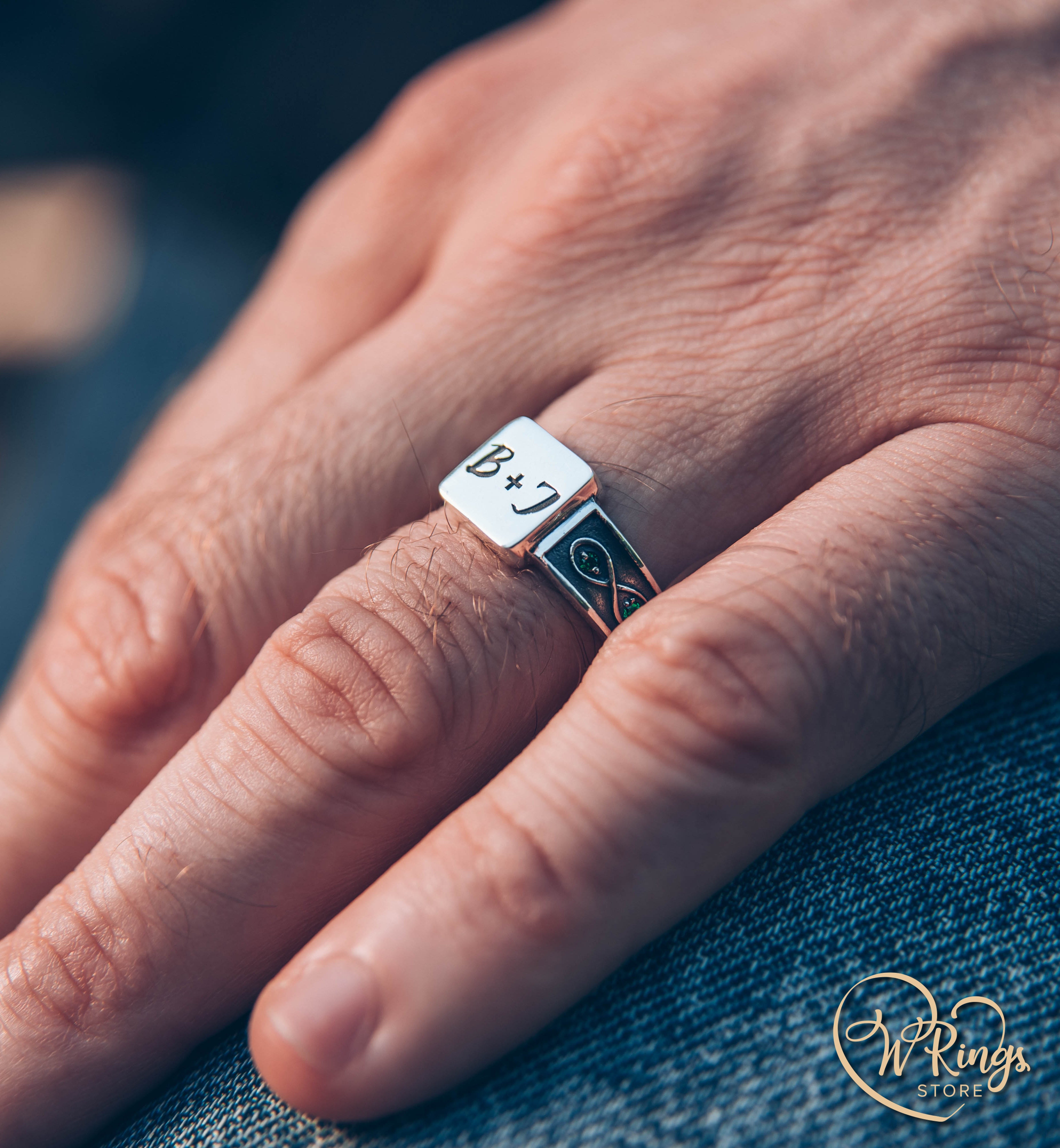 B+J Custom Initials Square Signet Ring & Emeralds in Side Infinity