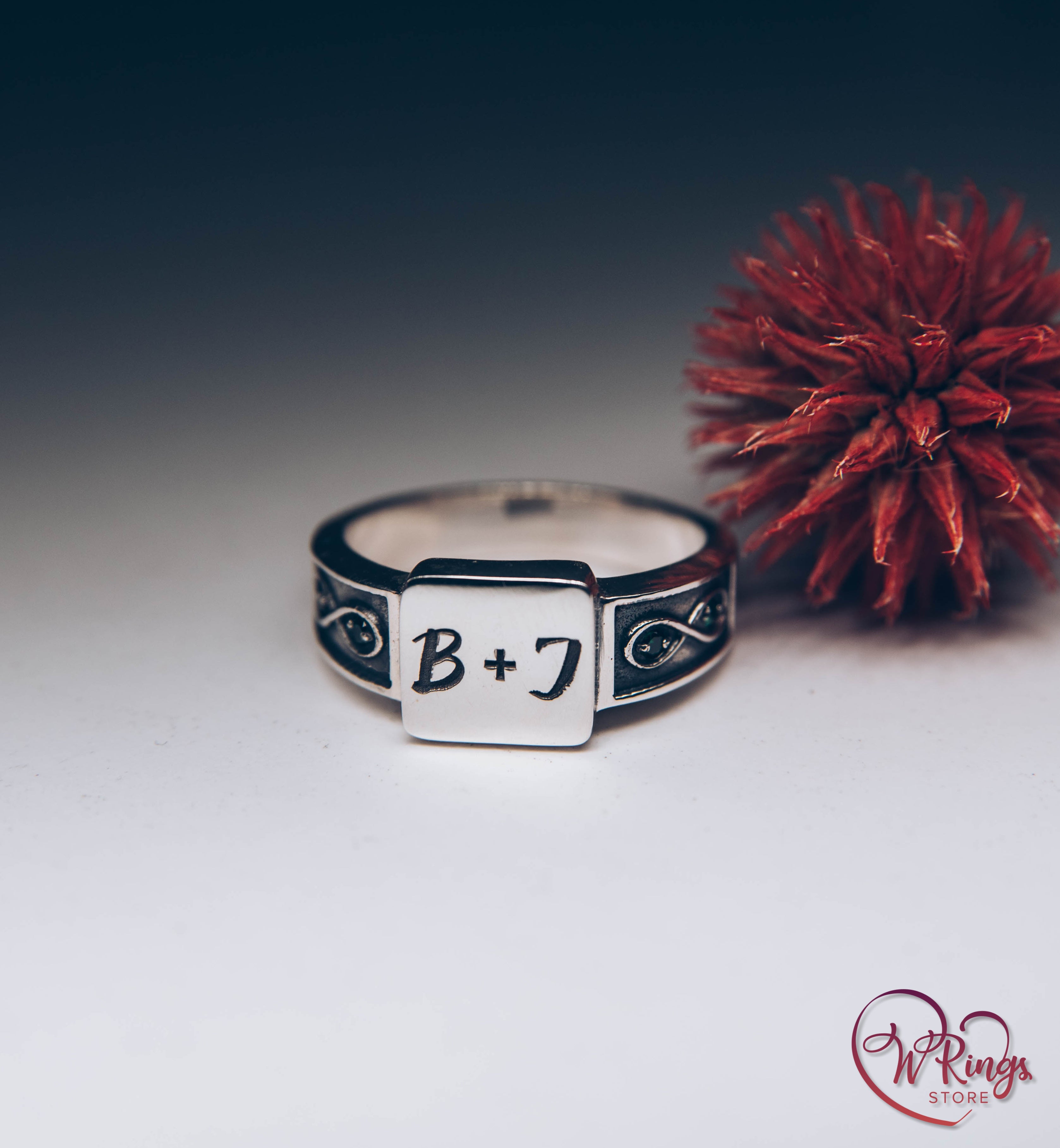 B+J Custom Initials Square Signet Ring & Emeralds in Side Infinity