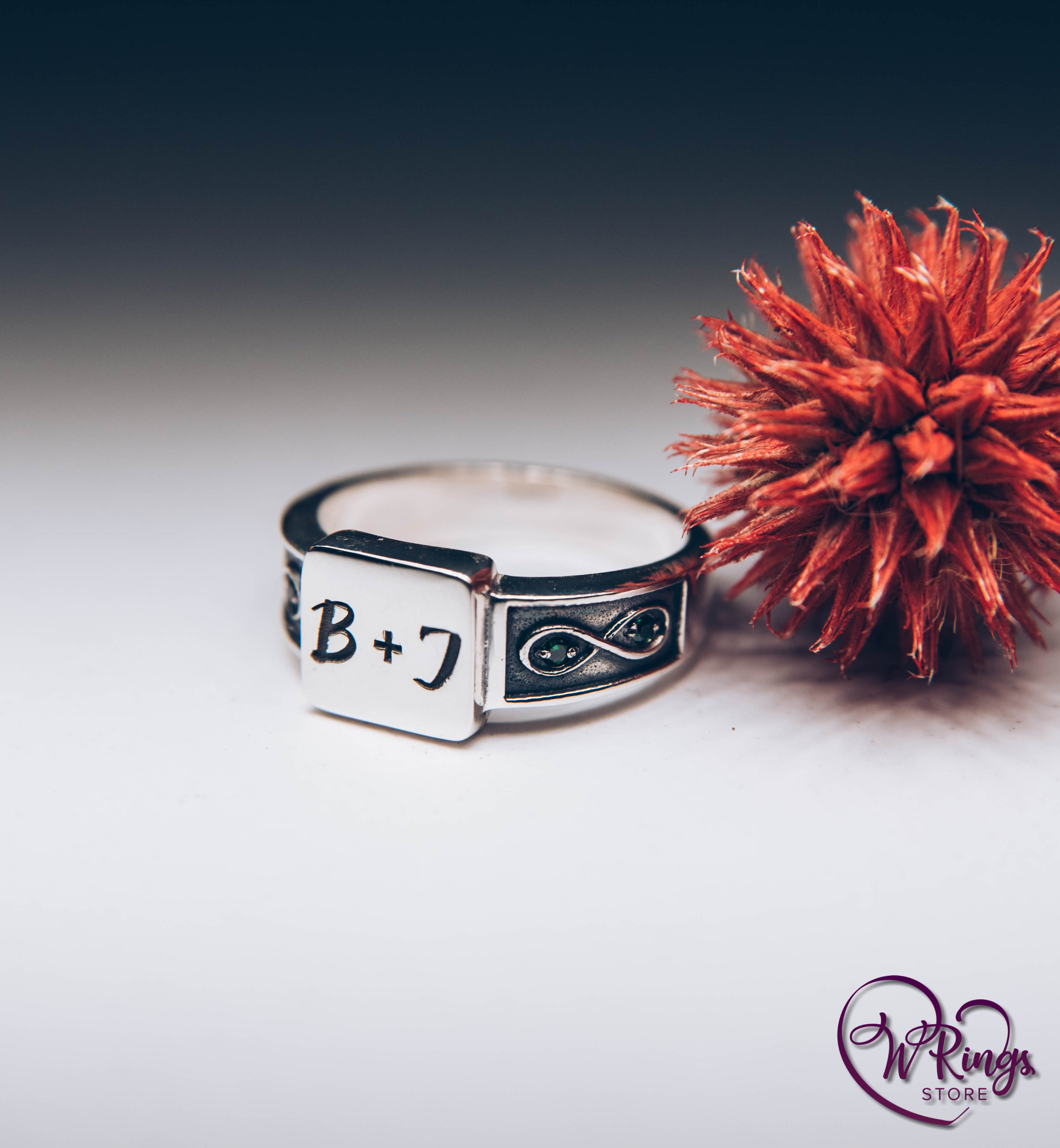 B+J Custom Initials Square Signet Ring & Emeralds in Side Infinity