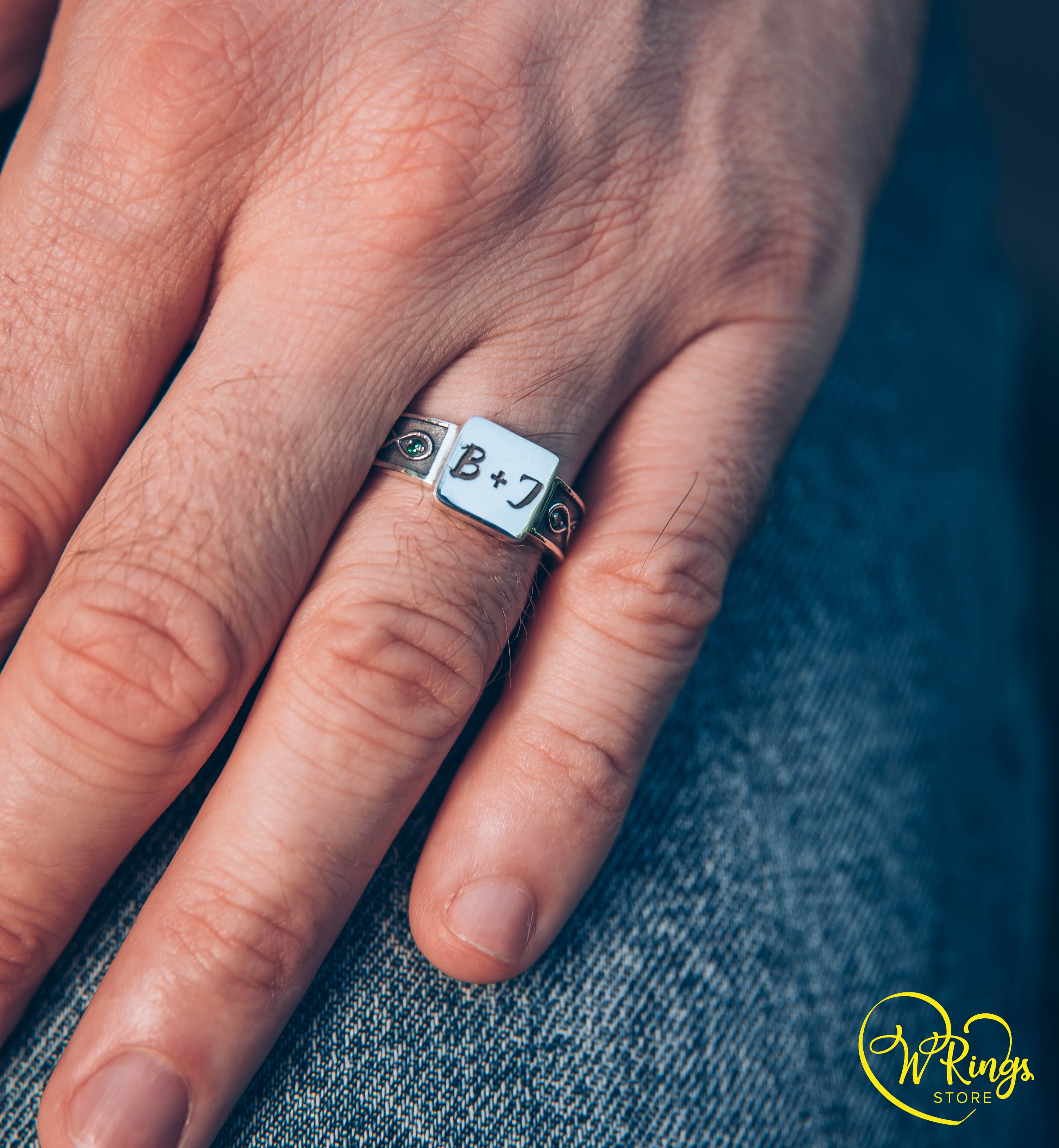 B+J Custom Initials Square Signet Ring & Emeralds in Side Infinity