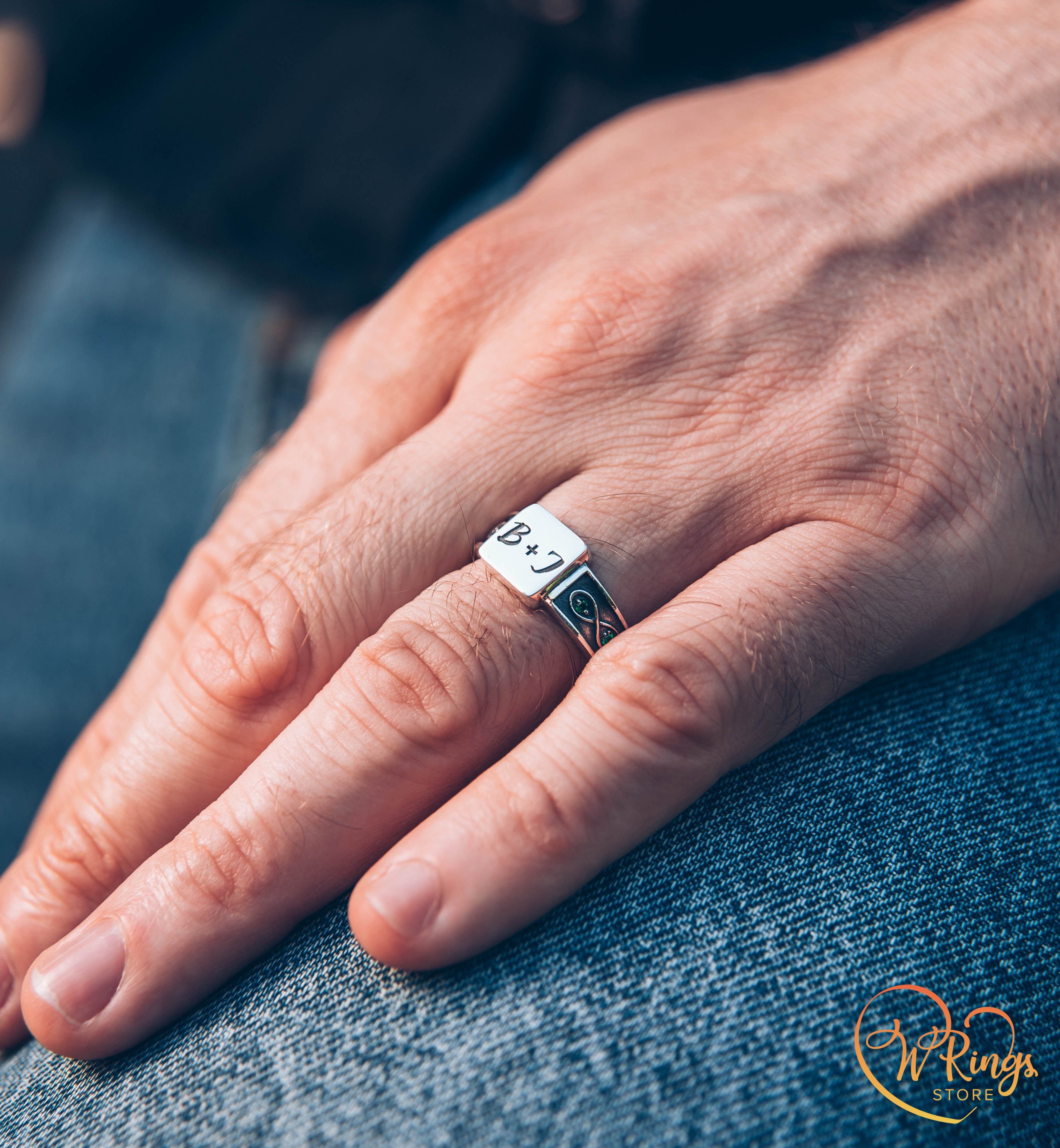 B+J Custom Initials Square Signet Ring & Emeralds in Side Infinity