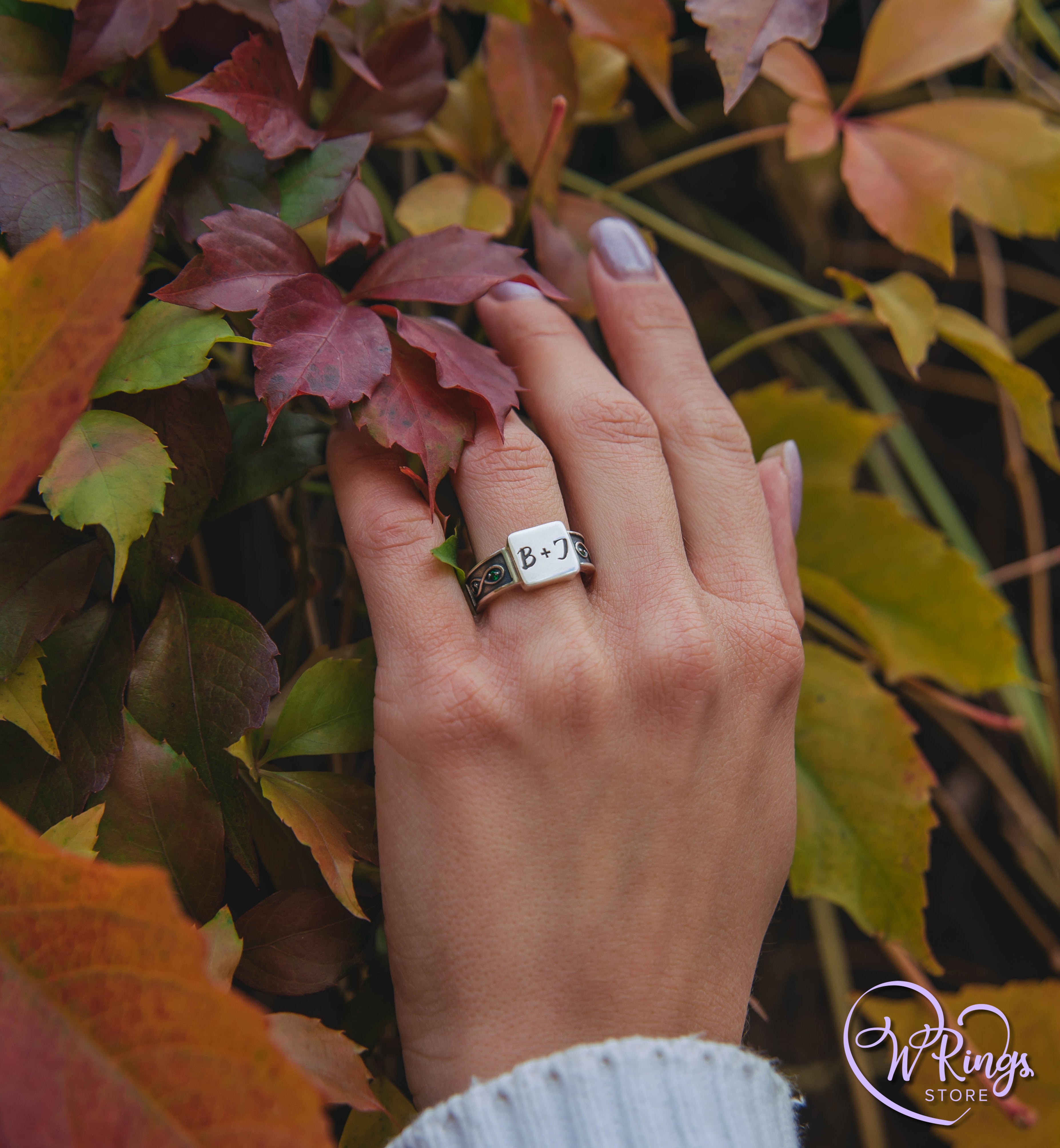 B+J Custom Initials Square Signet Ring & Emeralds in Side Infinity