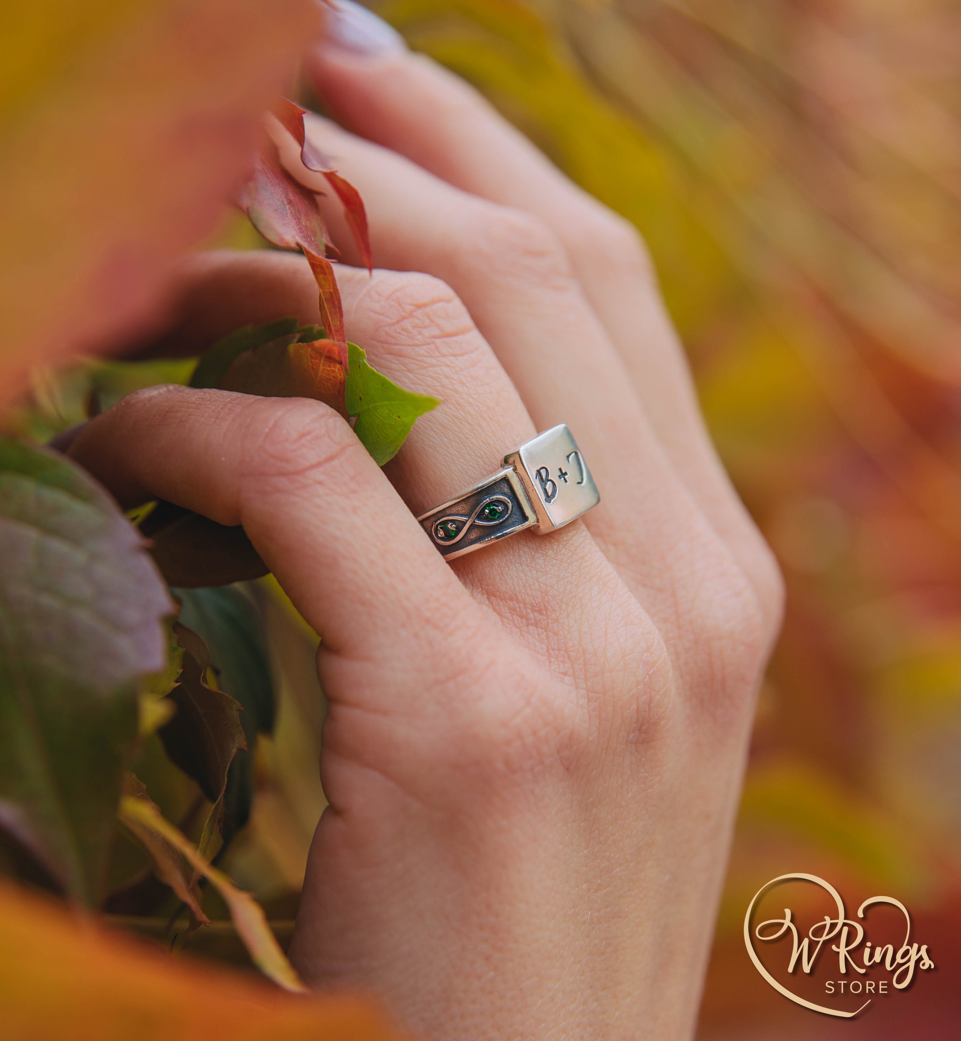 B+J Custom Initials Square Signet Ring & Emeralds in Side Infinity