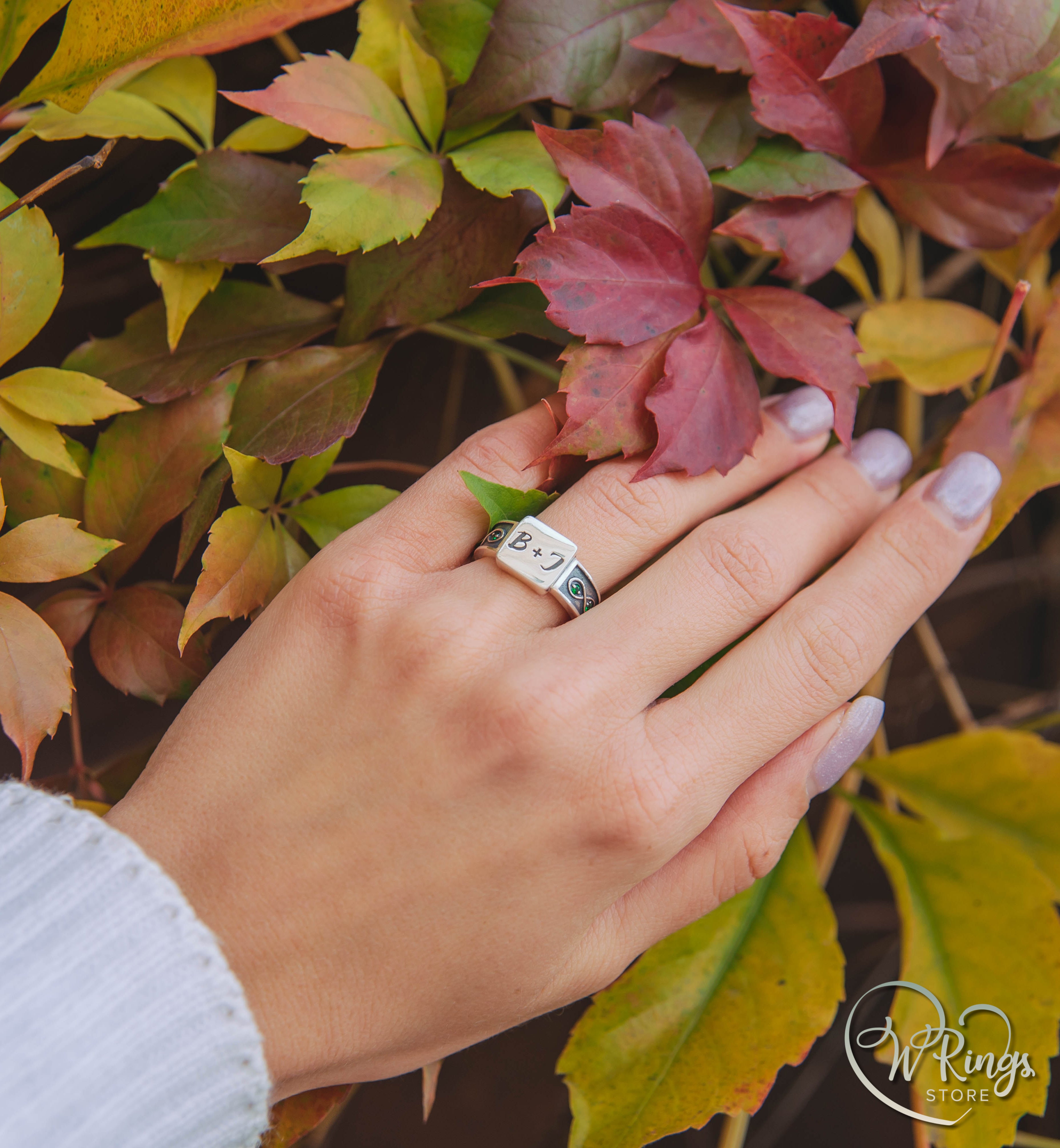B+J Custom Initials Square Signet Ring & Emeralds in Side Infinity