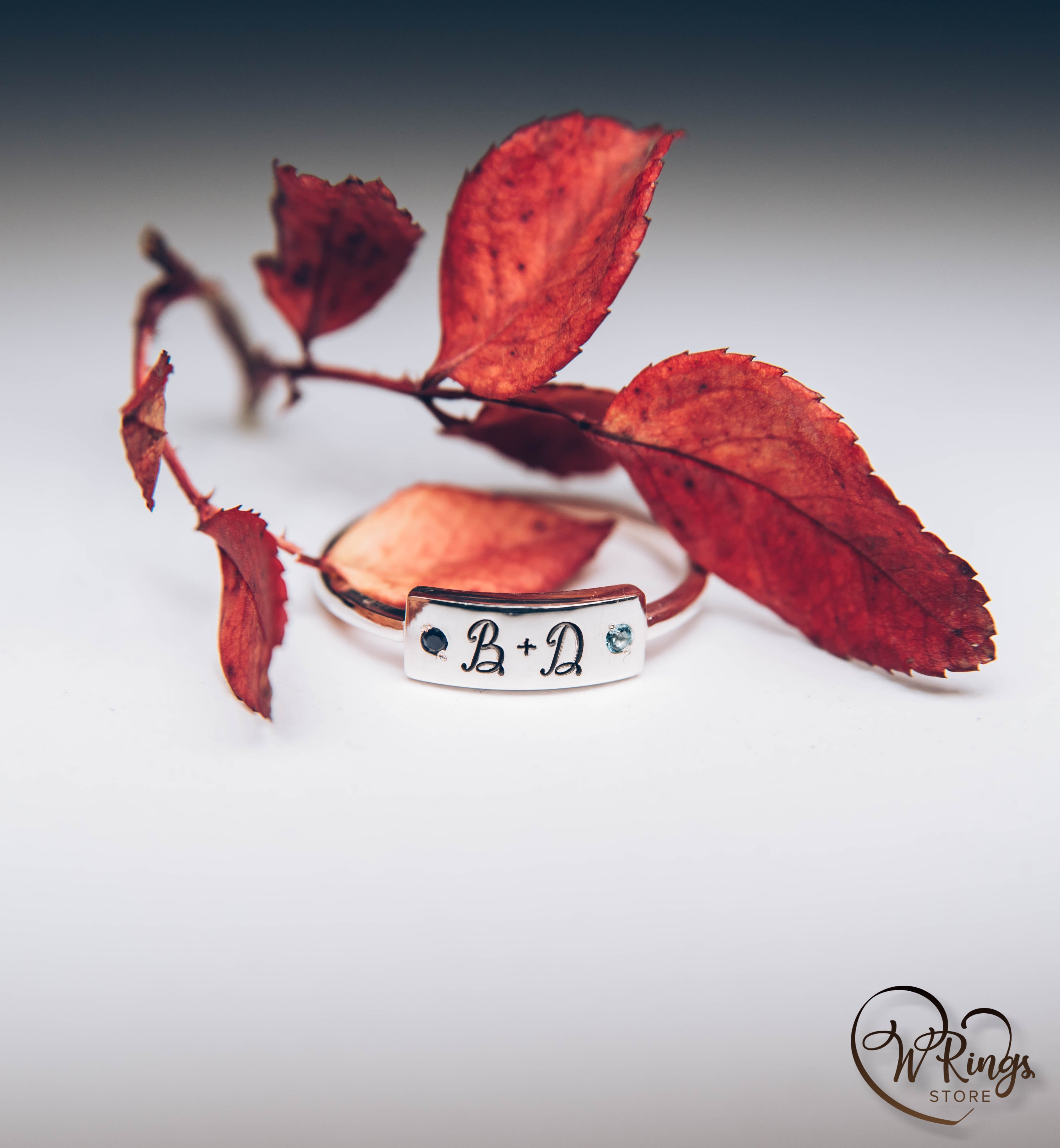 Initials B D Women's Silver Flat Signet Ring with Sapphire & Topaz