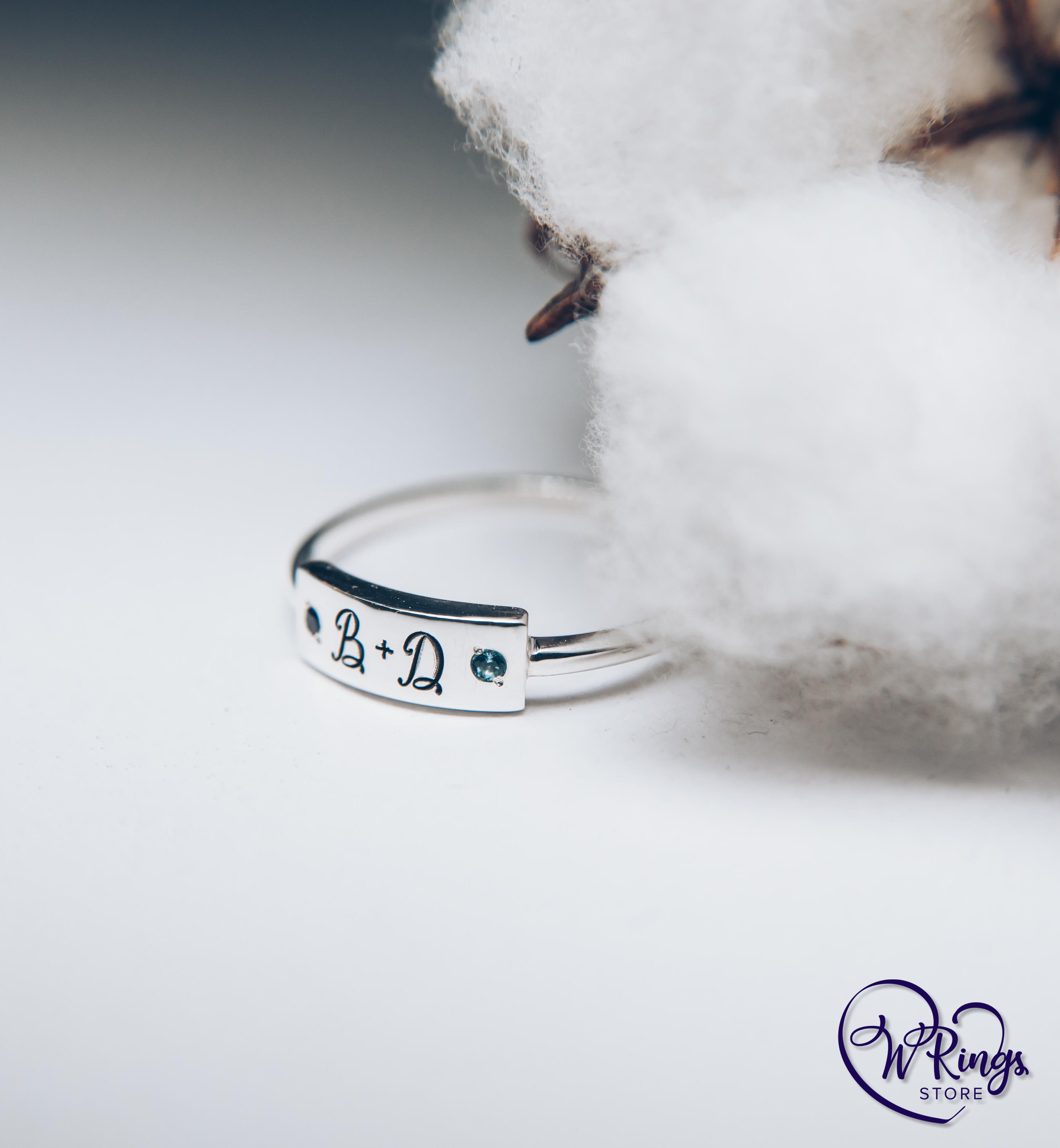 Initials B D Women's Silver Flat Signet Ring with Sapphire & Topaz