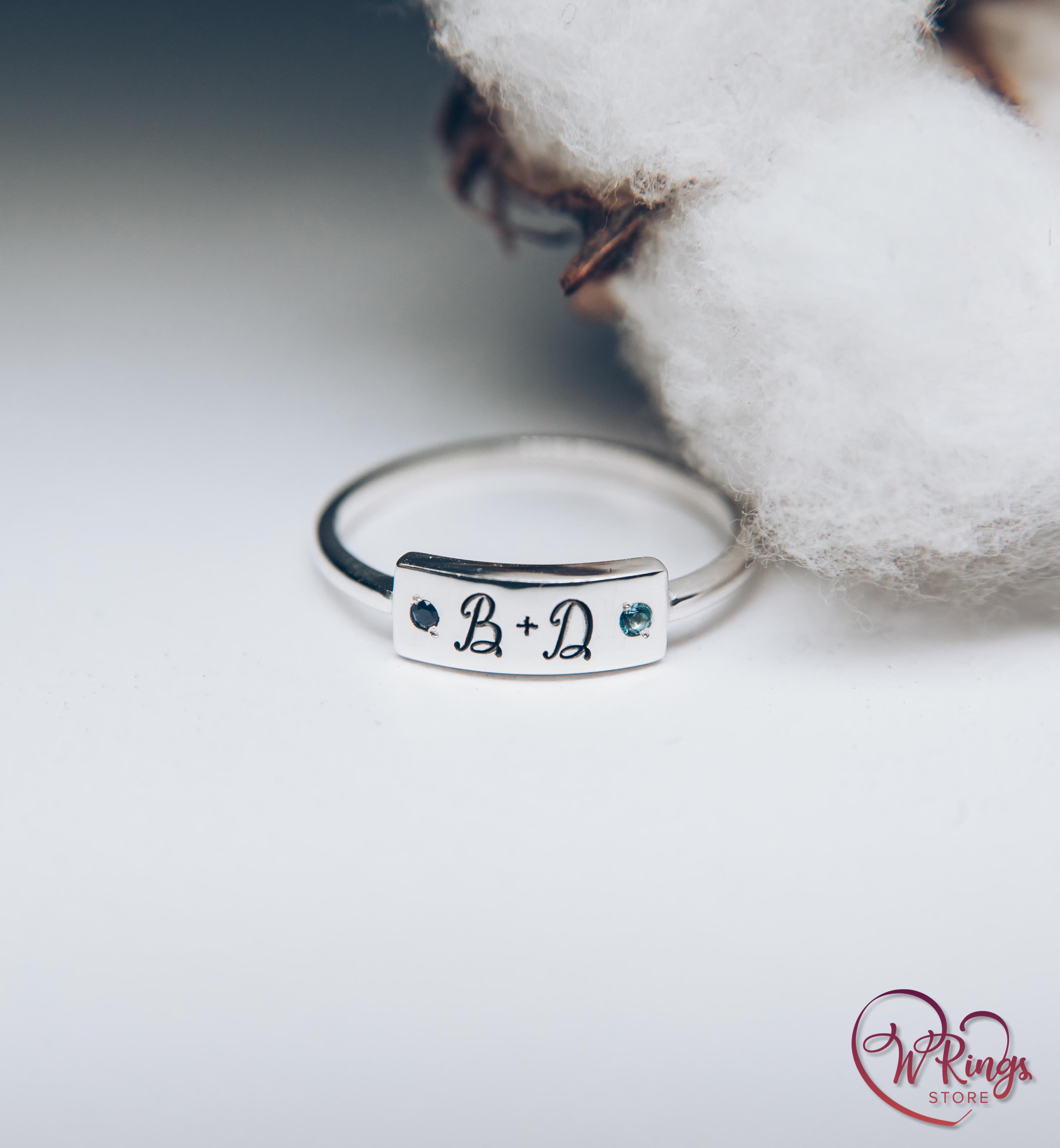 Initials B D Women's Silver Flat Signet Ring with Sapphire & Topaz