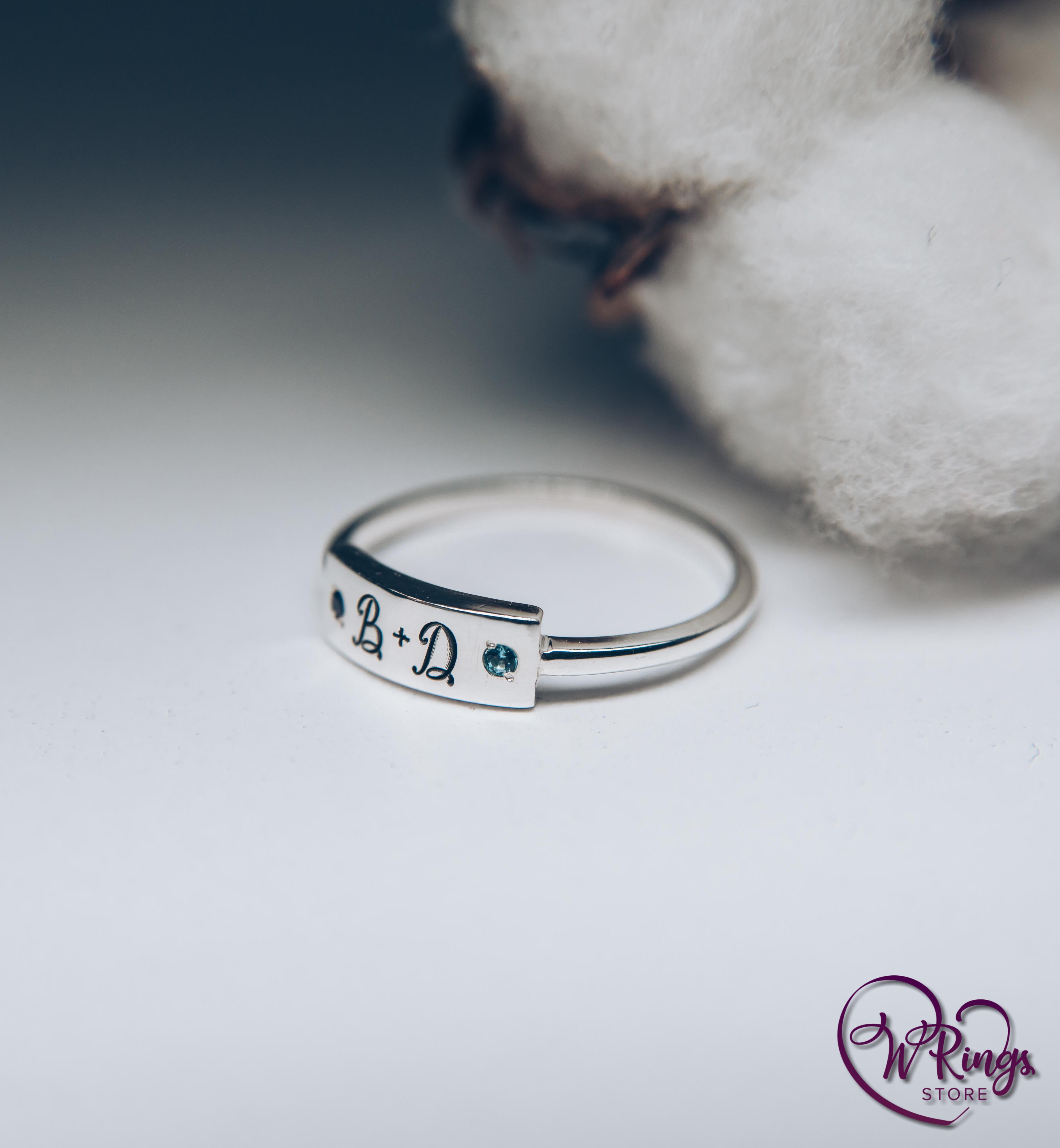 Initials B D Women's Silver Flat Signet Ring with Sapphire & Topaz