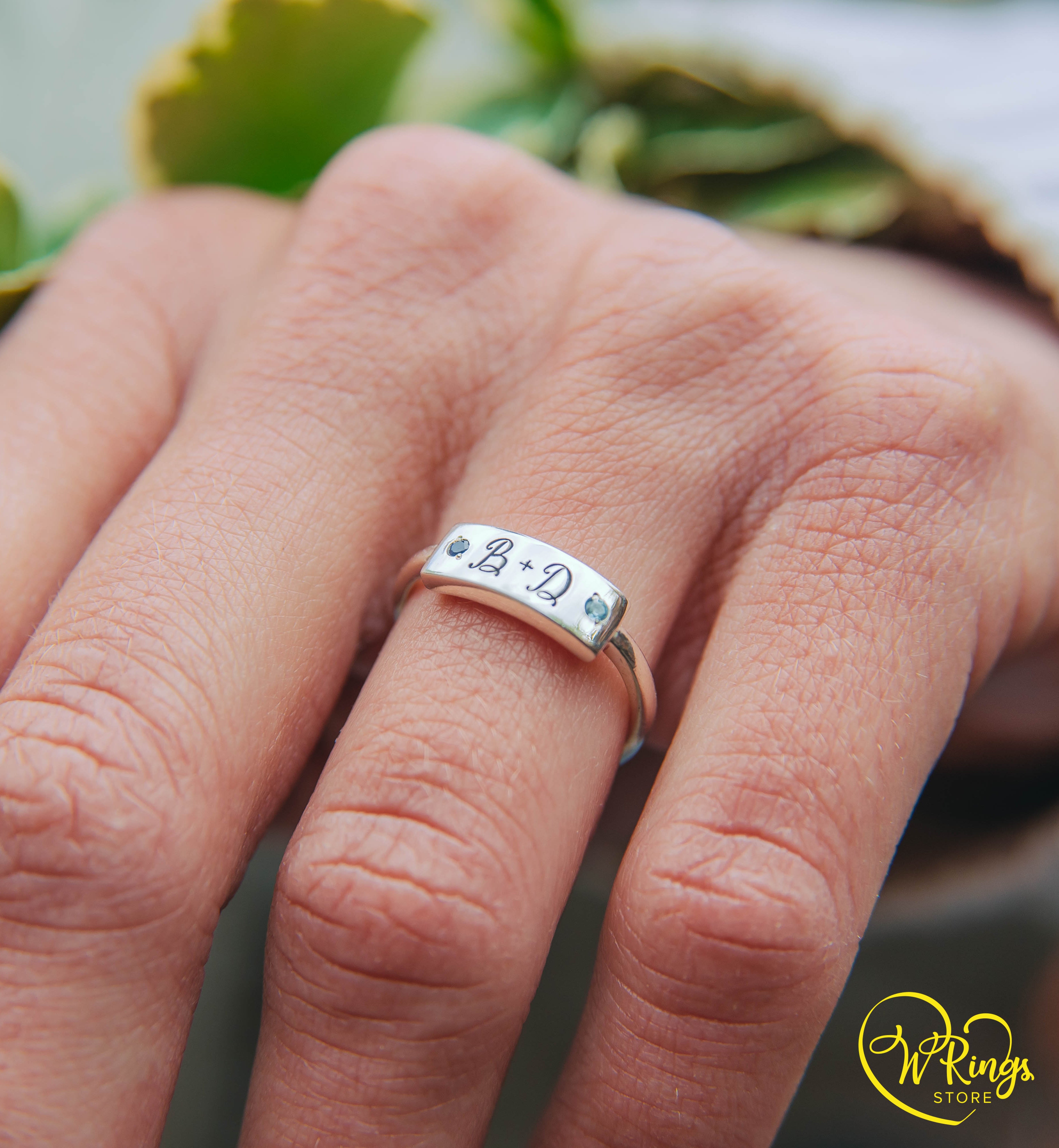 Initials B D Women's Silver Flat Signet Ring with Sapphire & Topaz