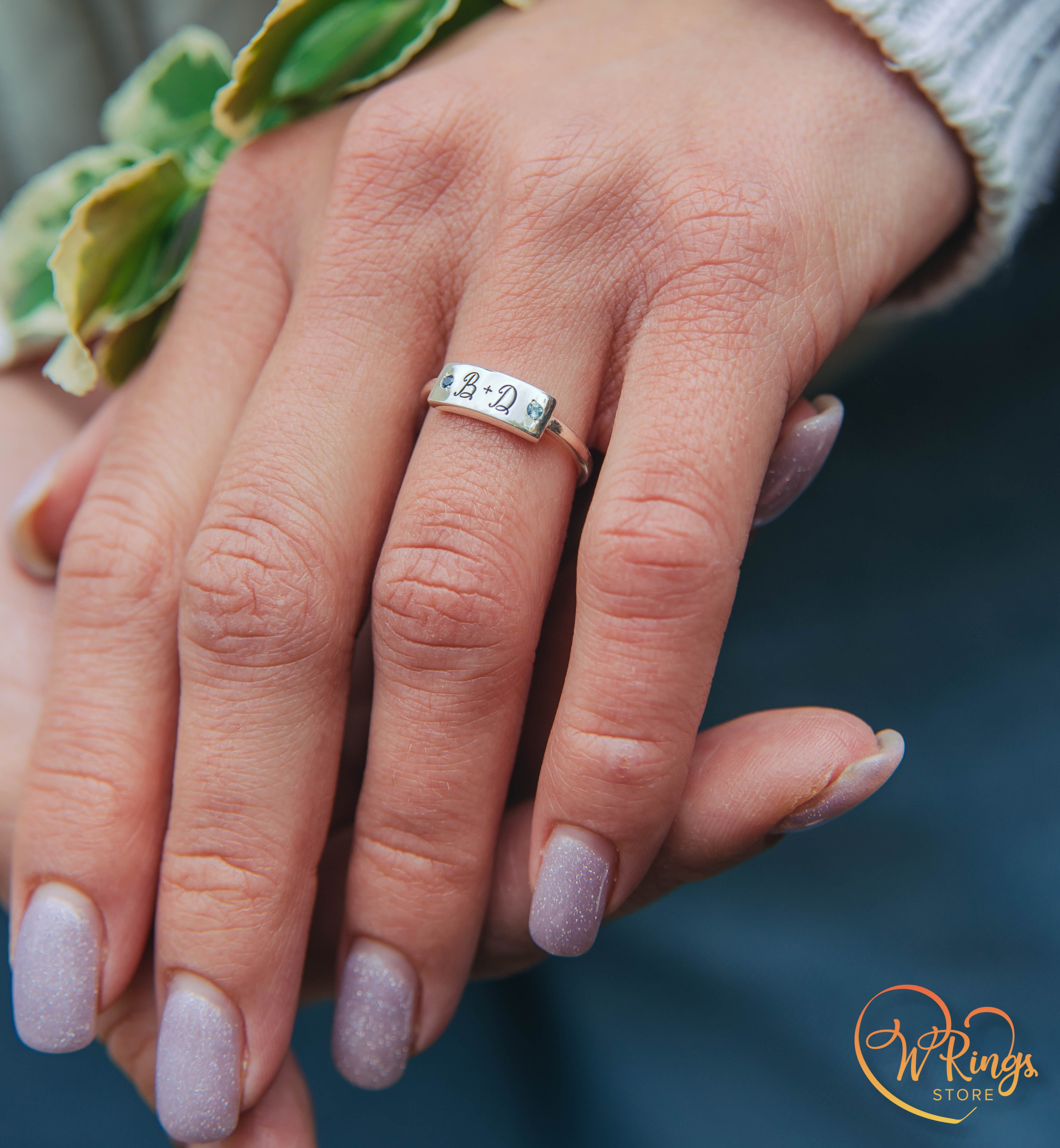 Initials B D Women's Silver Flat Signet Ring with Sapphire & Topaz