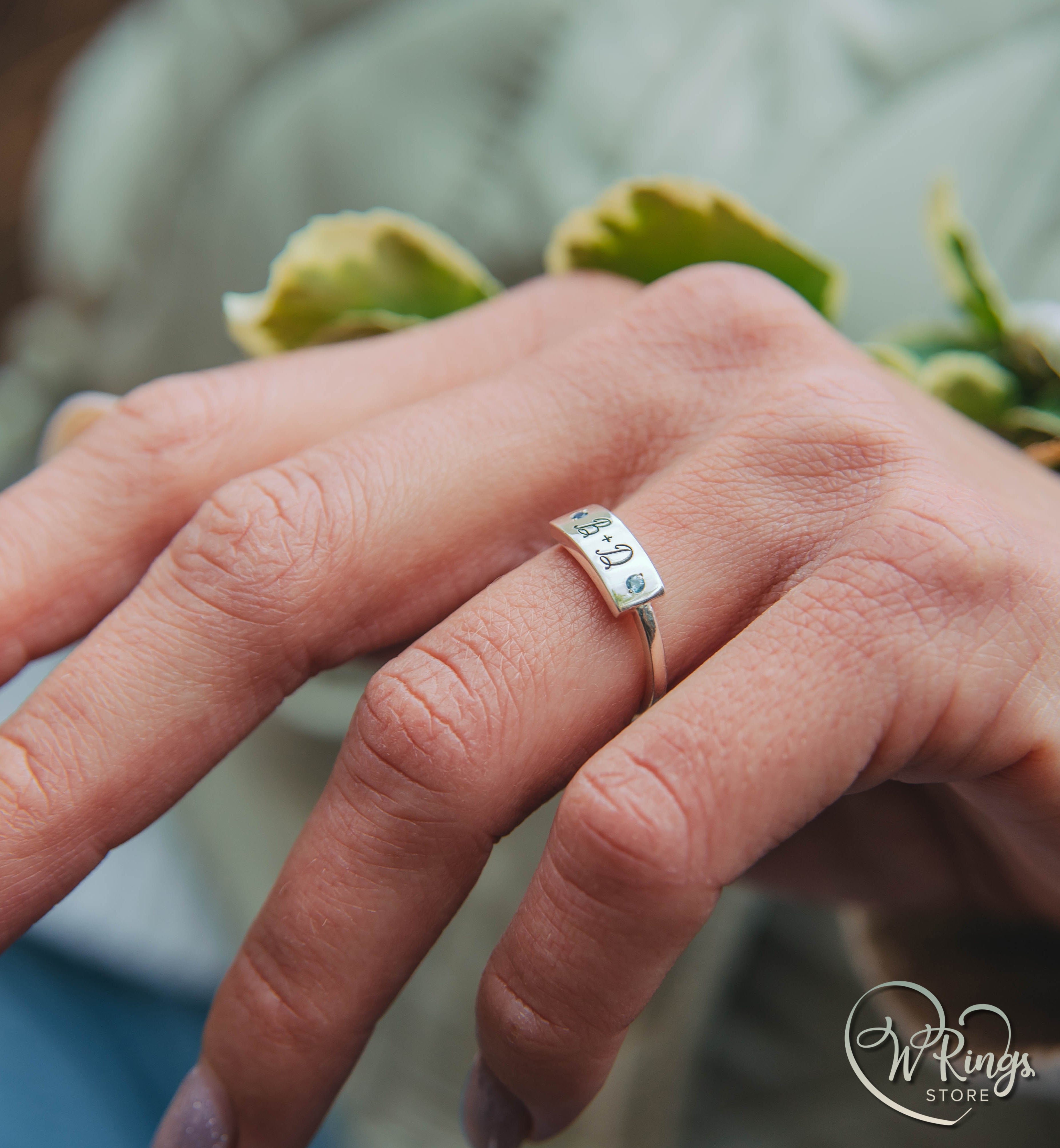 Initials B D Women's Silver Flat Signet Ring with Sapphire & Topaz