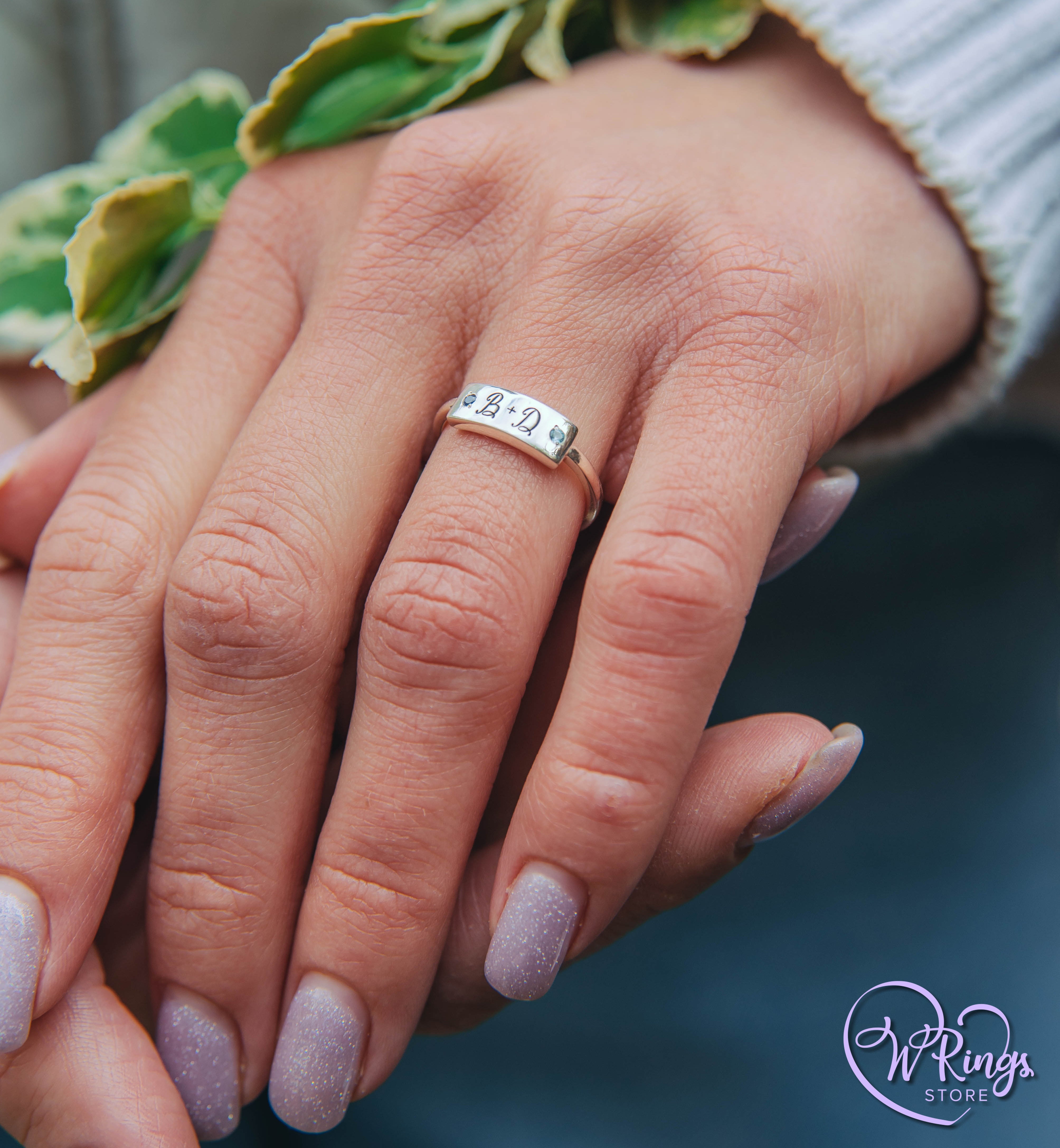 Initials B D Women's Silver Flat Signet Ring with Sapphire & Topaz