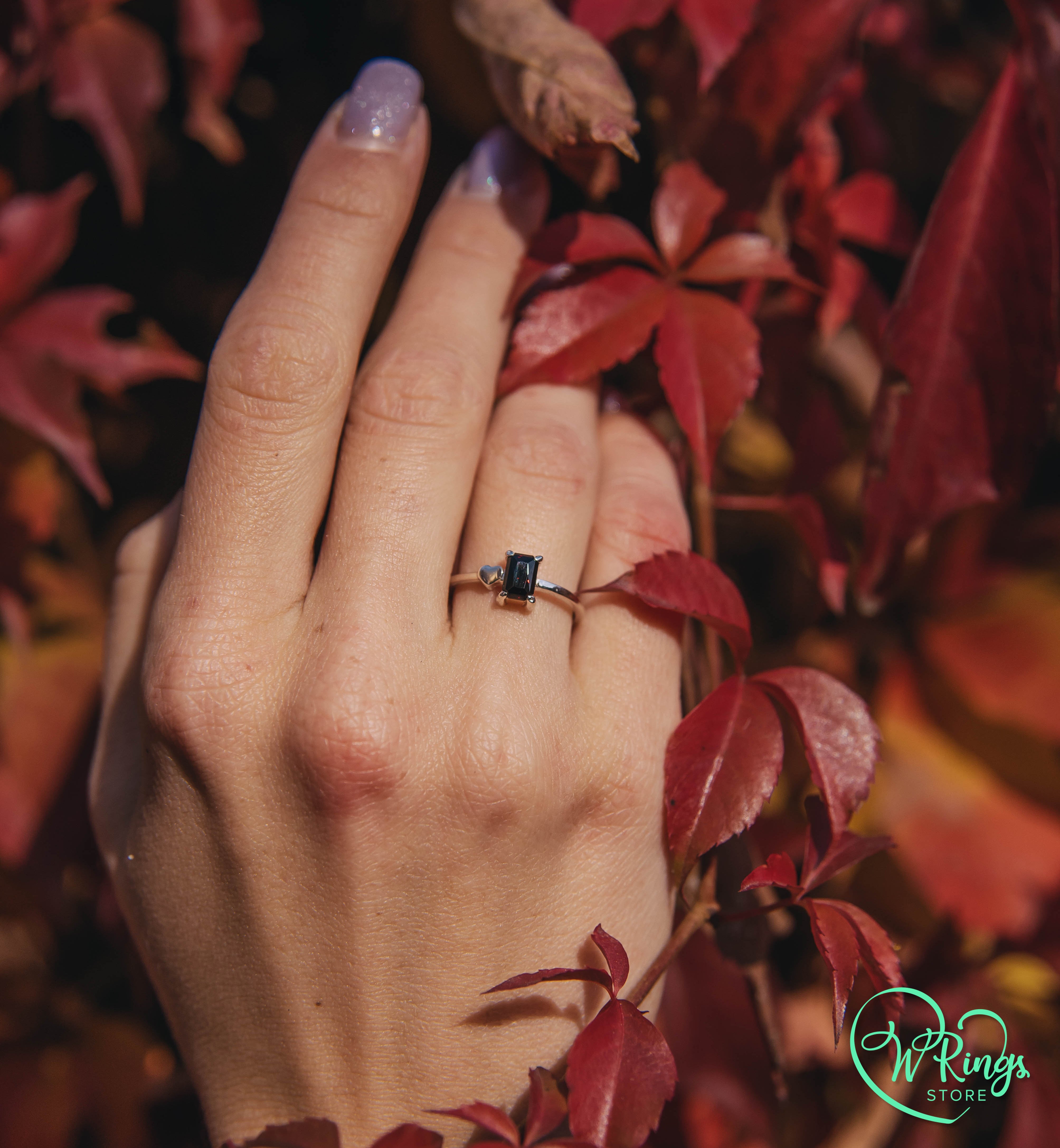 January Birthstone Ring with Radiant Garnet & Heart on a Silver band