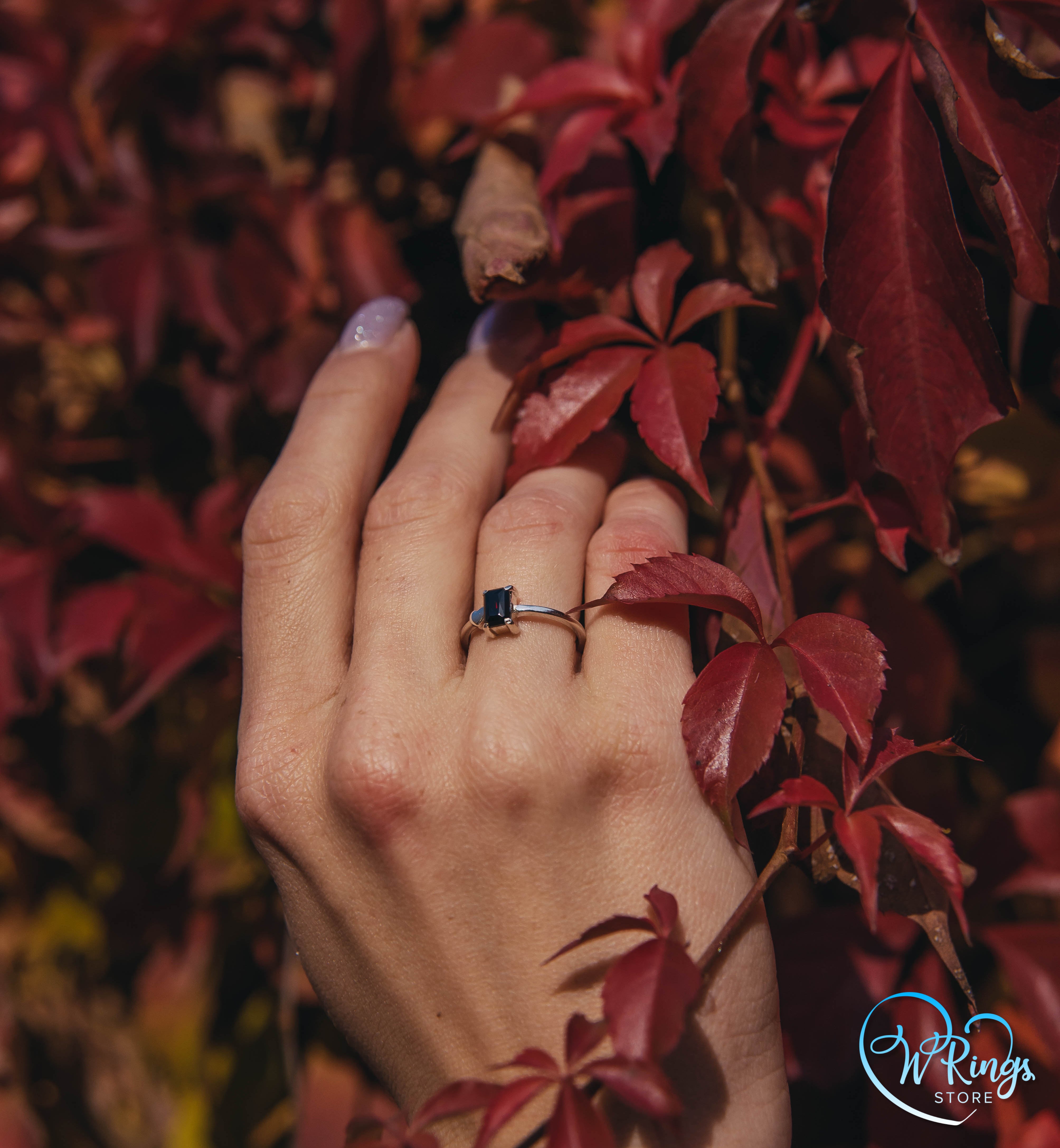 January Birthstone Ring with Radiant Garnet & Heart on a Silver band