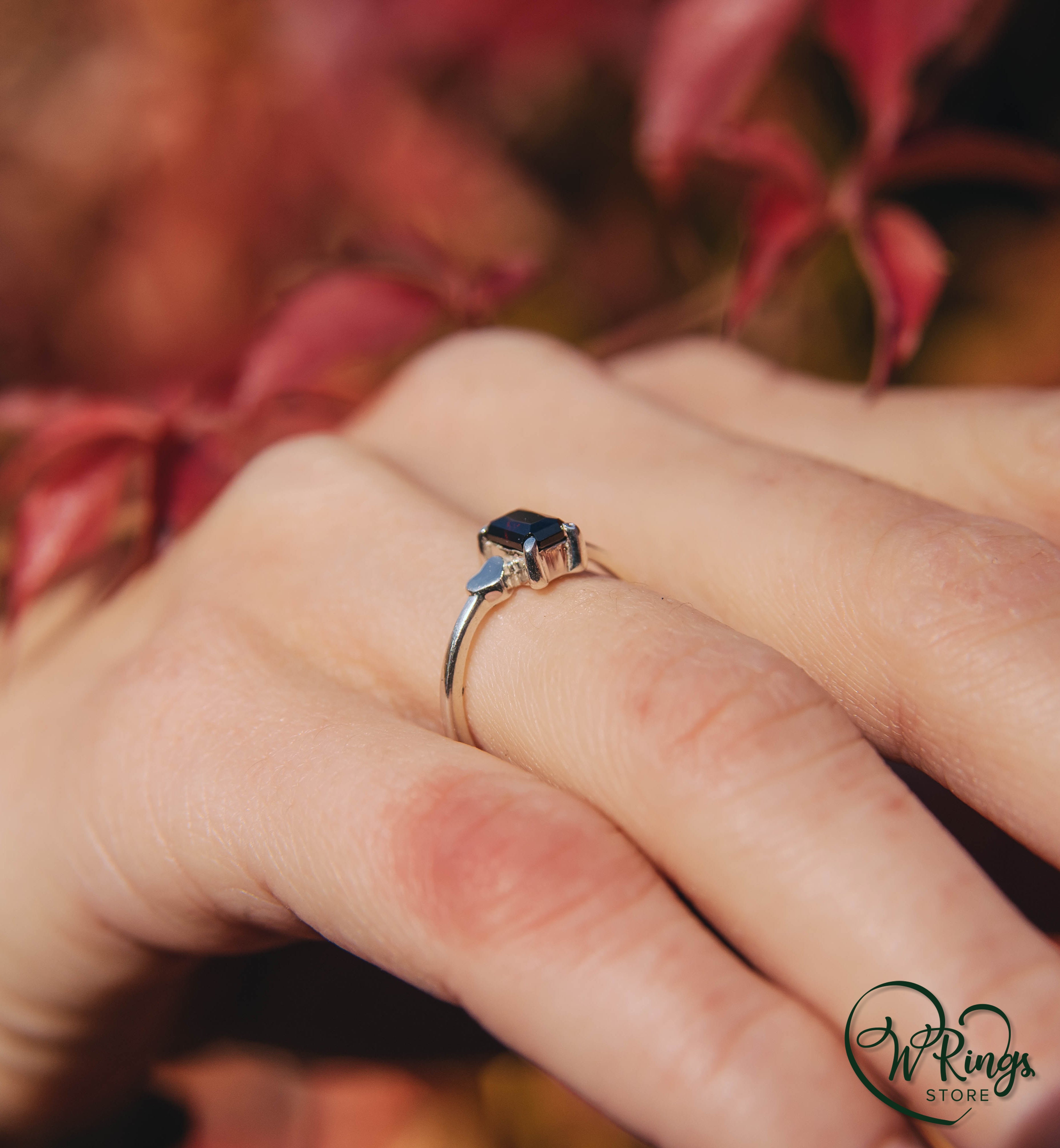 January Birthstone Ring with Radiant Garnet & Heart on a Silver band