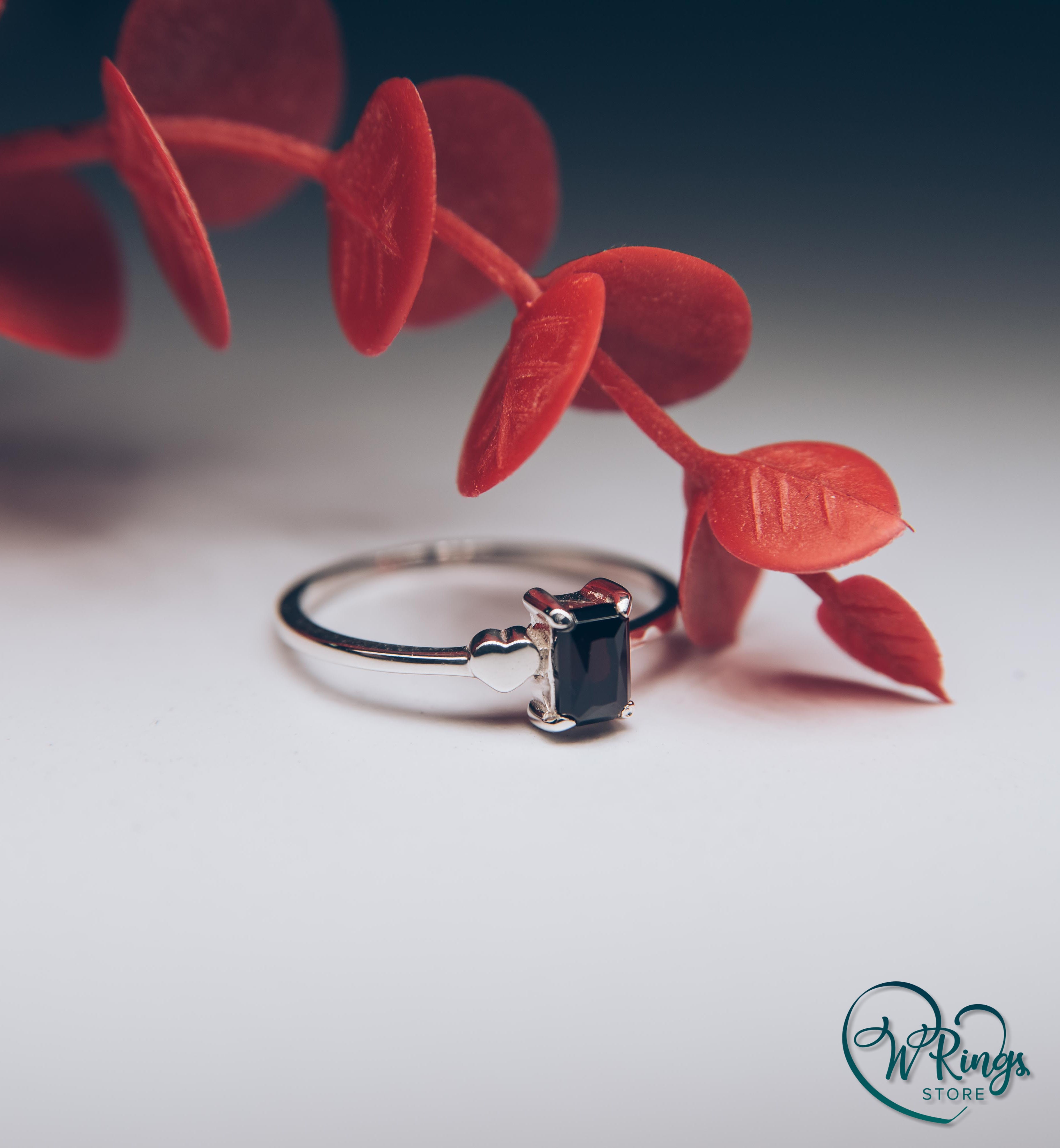 January Birthstone Ring with Radiant Garnet & Heart on a Silver band