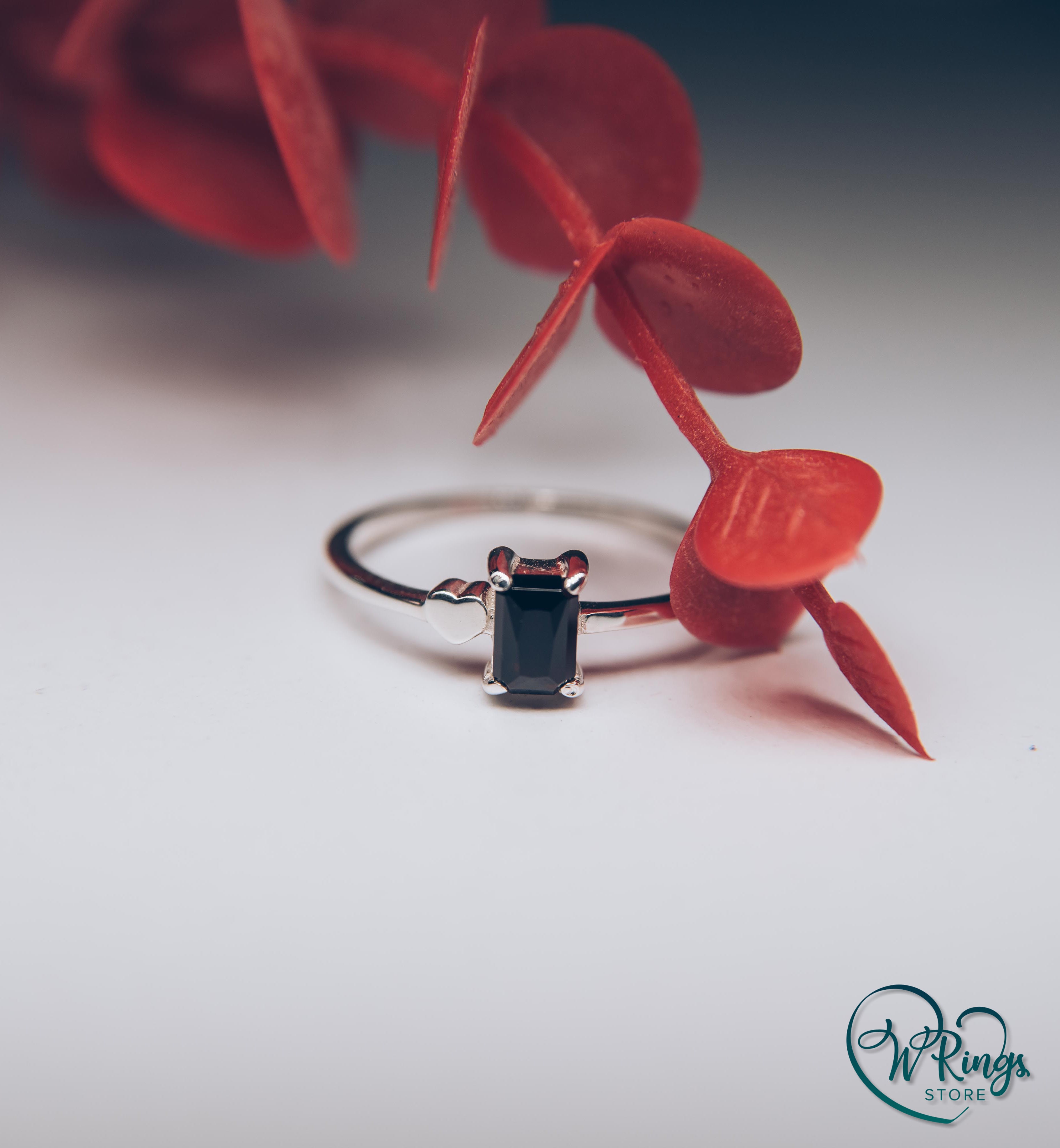 January Birthstone Ring with Radiant Garnet & Heart on a Silver band