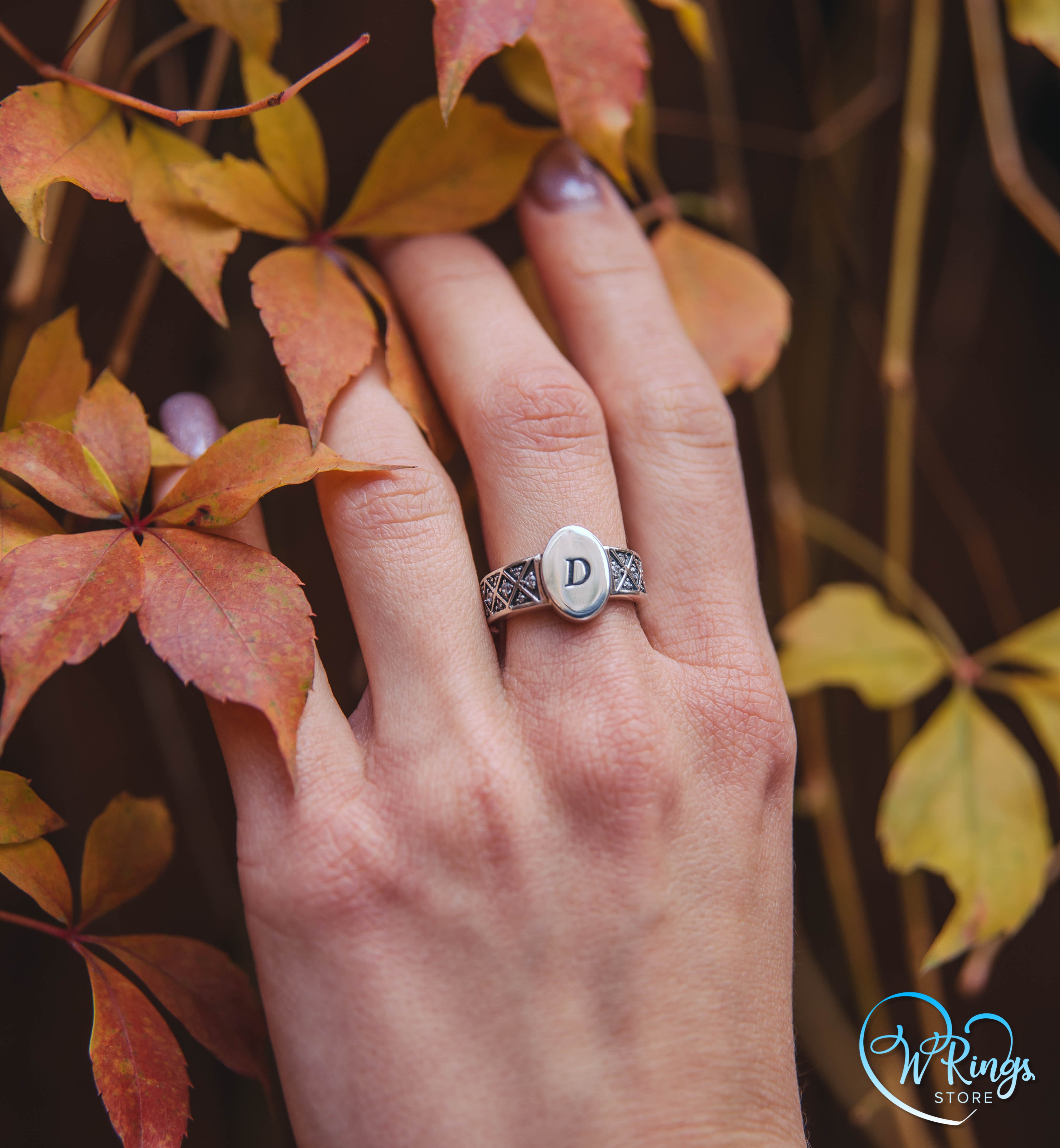 Letter D Custom Silver Oval Signet Ring with Side CZ