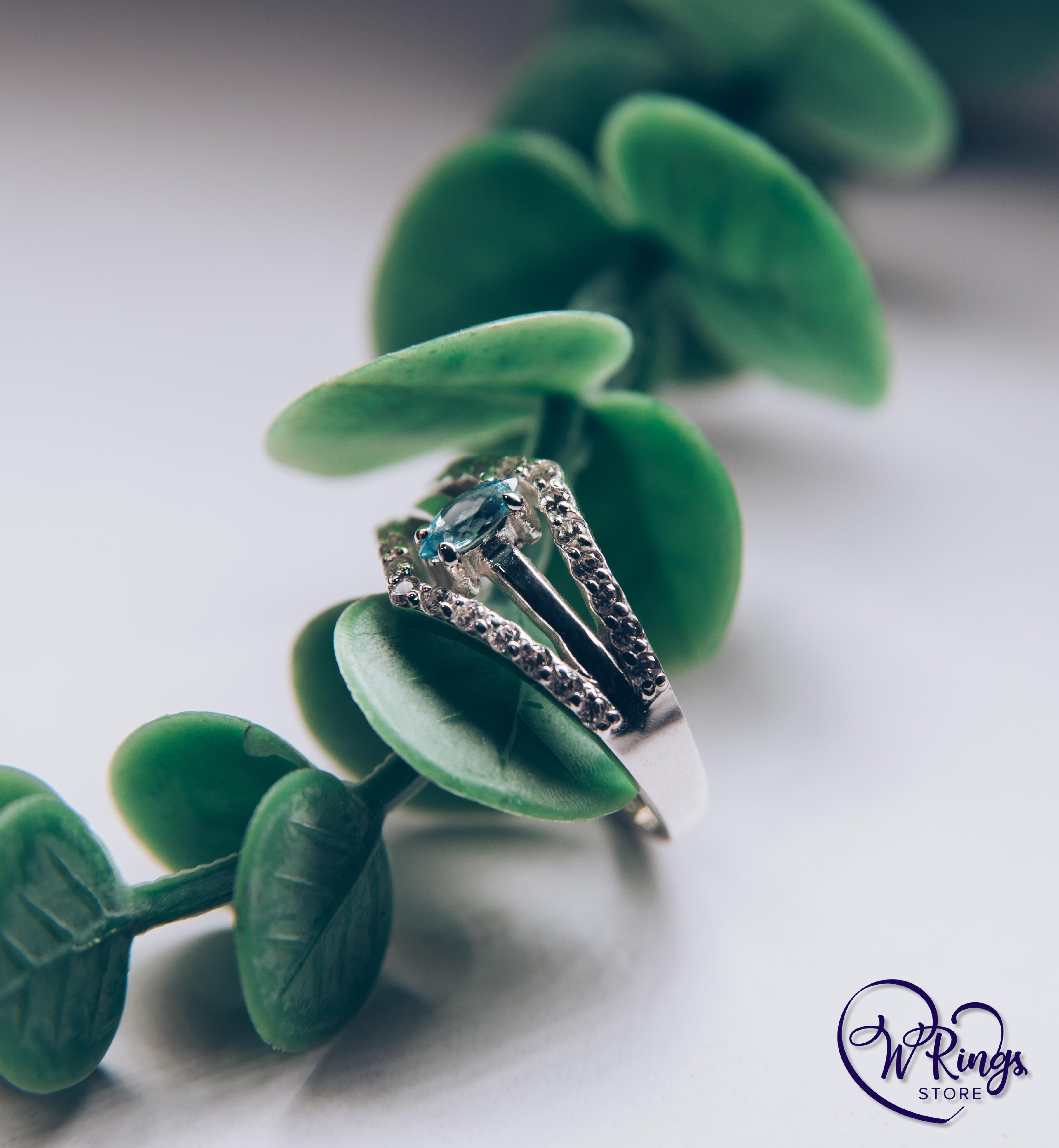 Marquise cut Swiss Topaz Split Shank Ring – Double Chevron & Accents