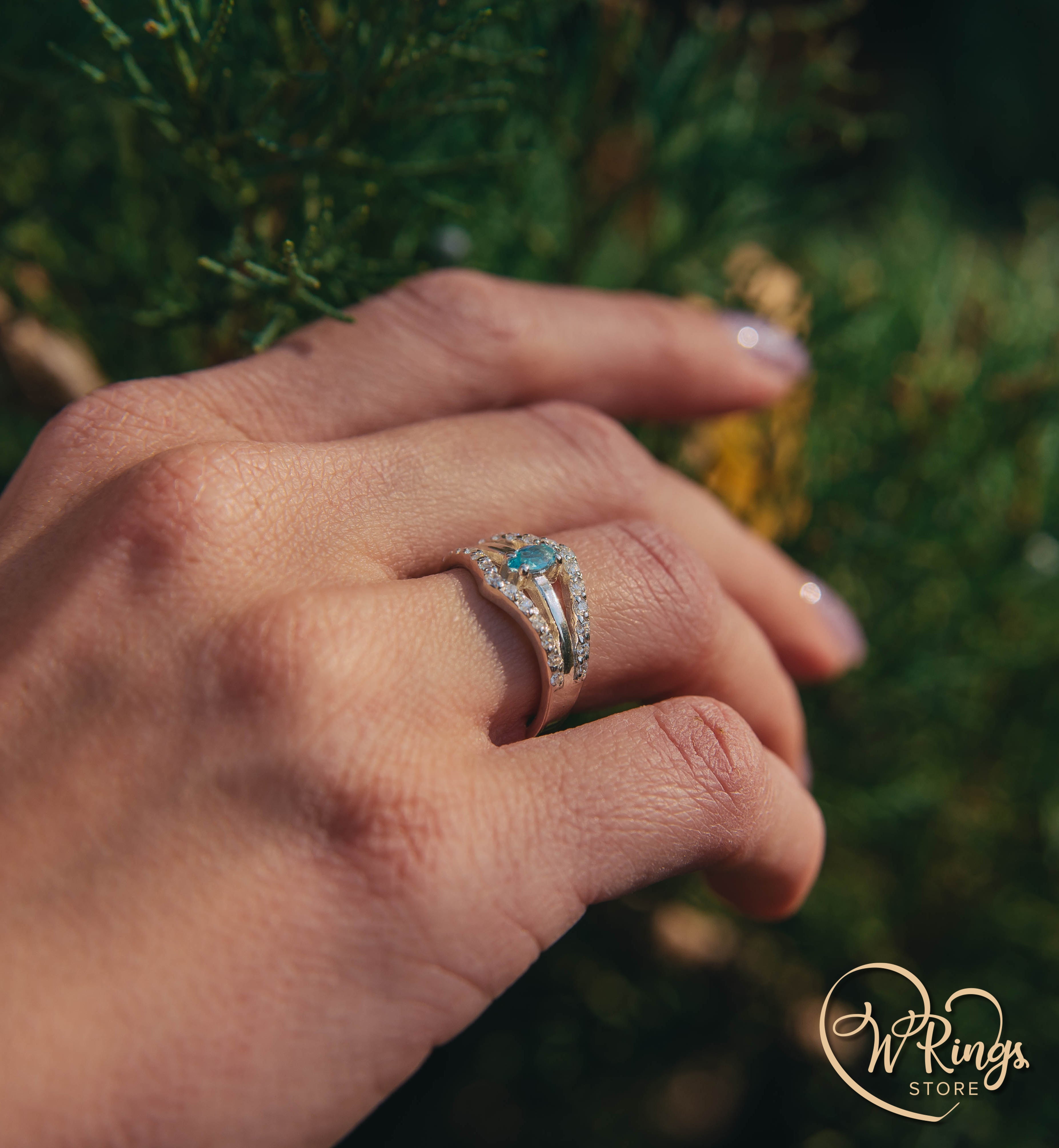 Marquise cut Swiss Topaz Split Shank Ring – Double Chevron & Accents