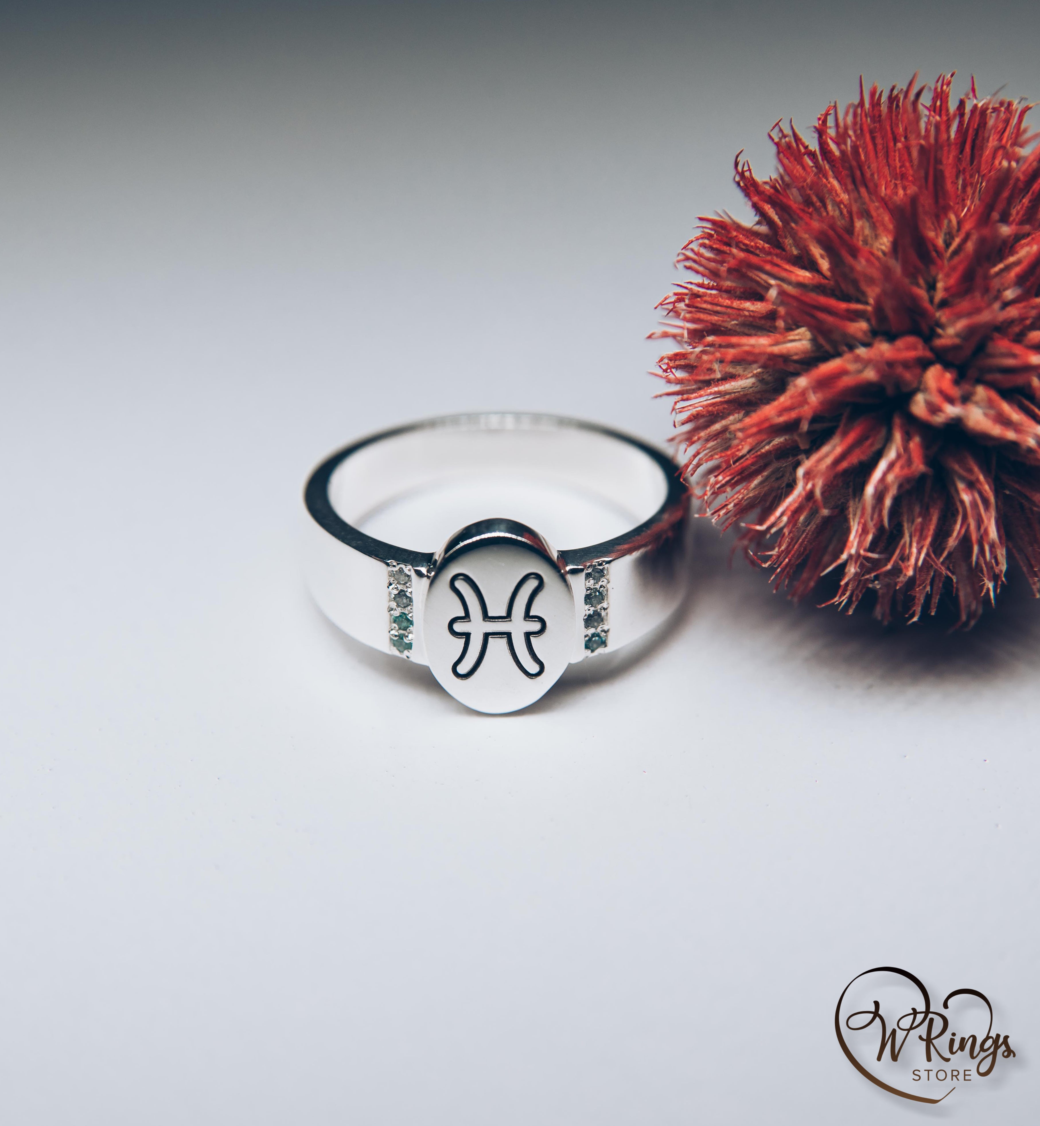 Oval shape Pisces Signet Ring & Side Topazes