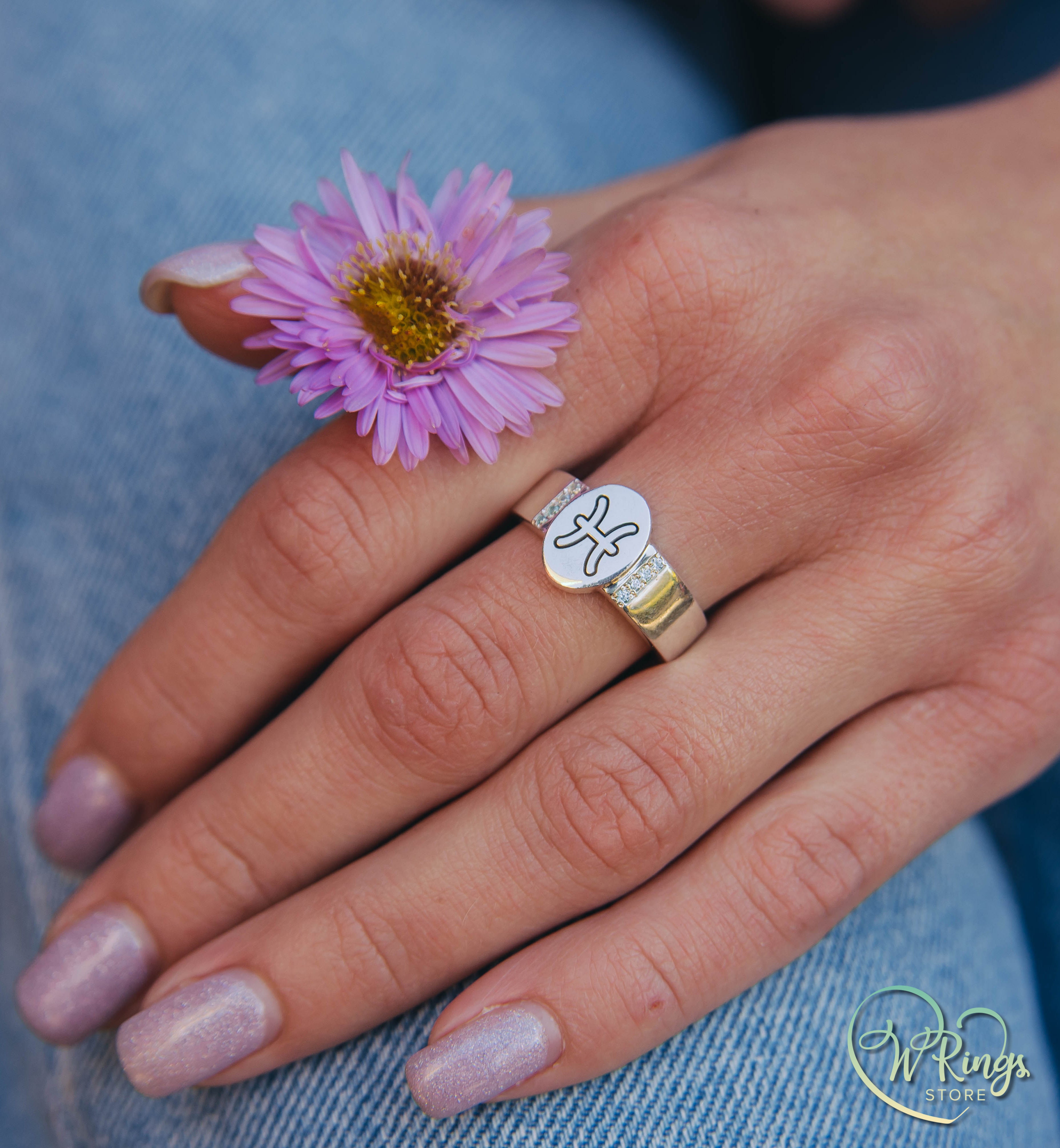 Oval shape Pisces Signet Ring & Side Topazes