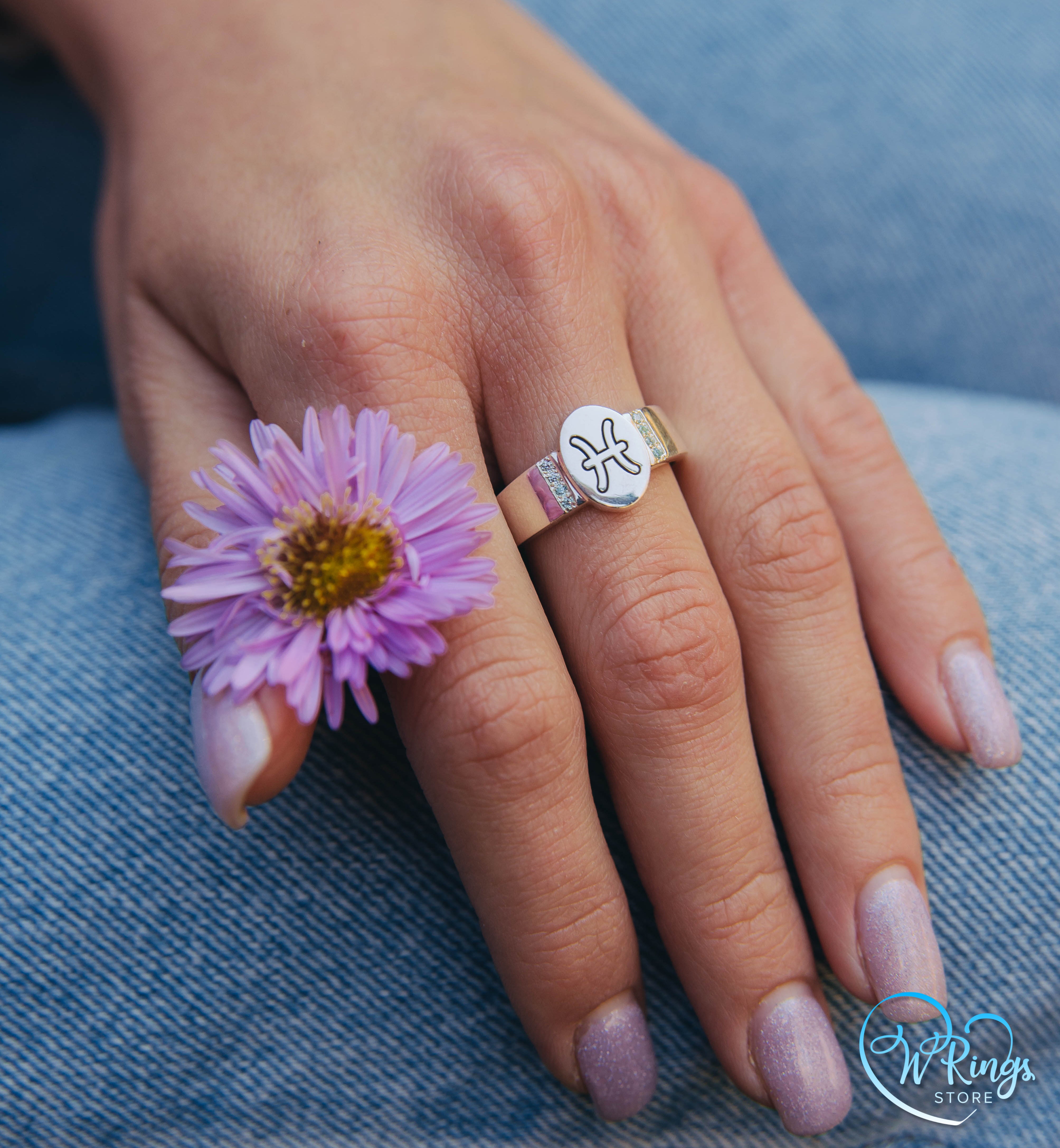 Oval shape Pisces Signet Ring & Side Topazes