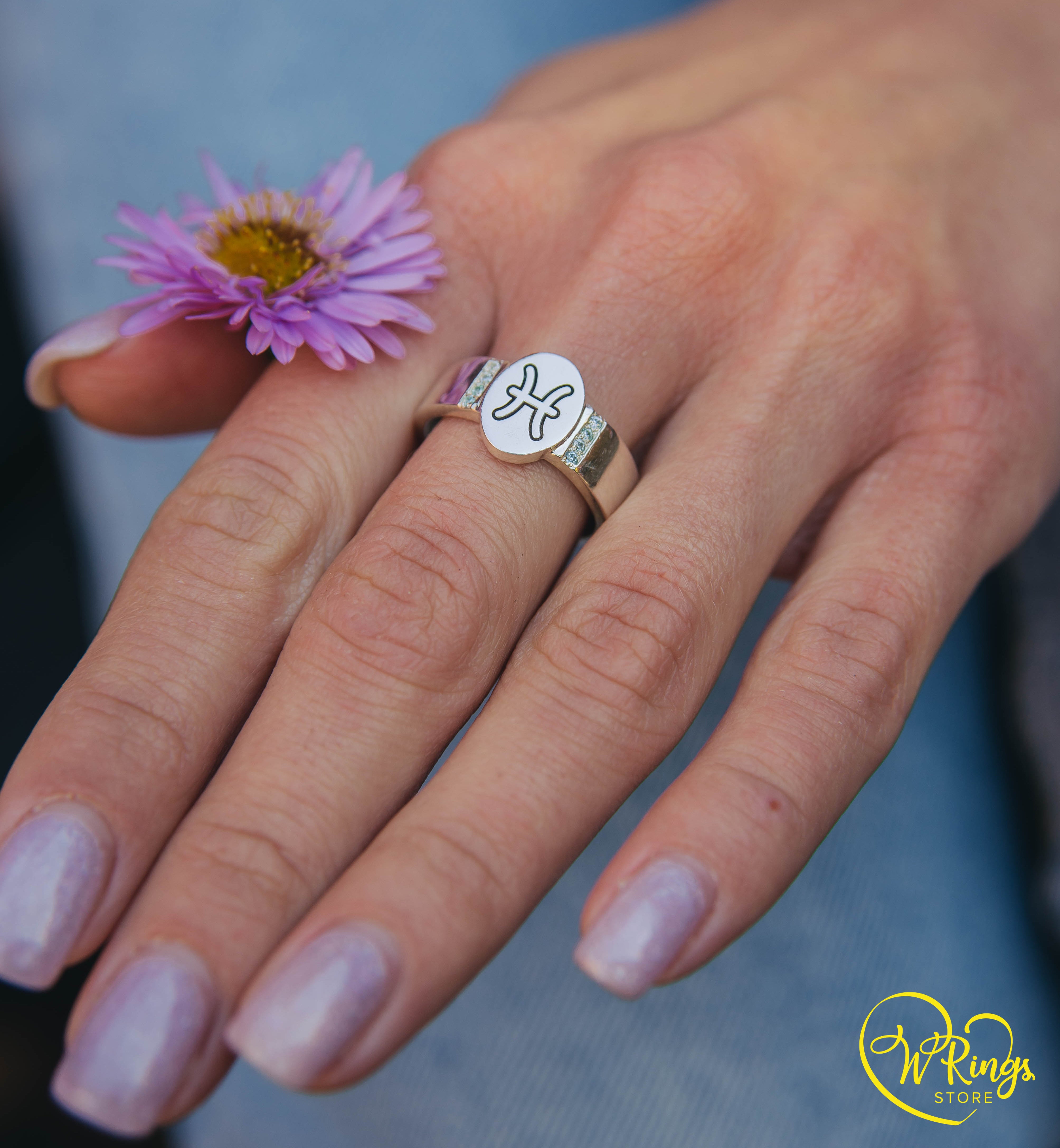 Oval shape Pisces Signet Ring & Side Topazes