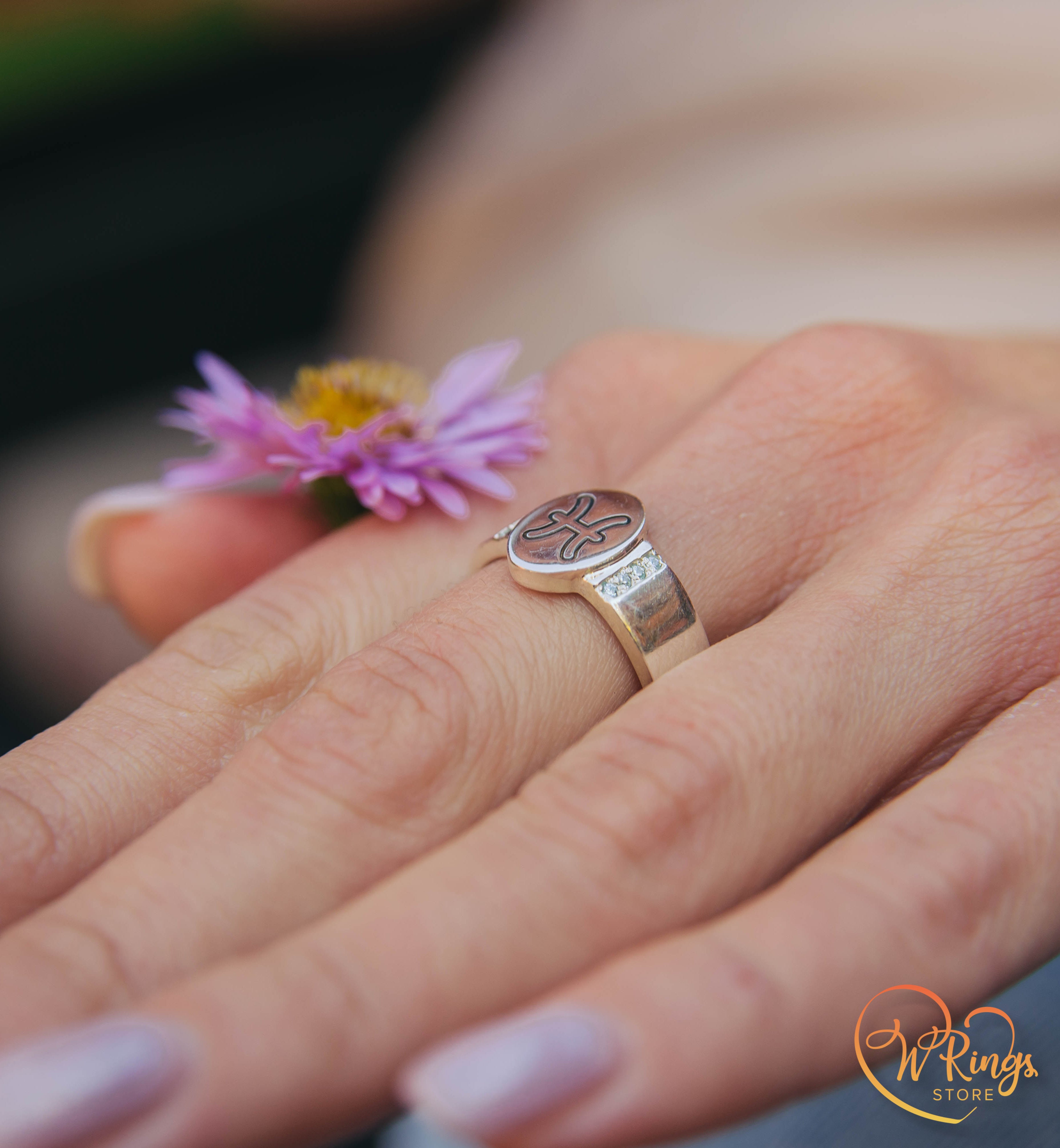 Oval shape Pisces Signet Ring & Side Topazes