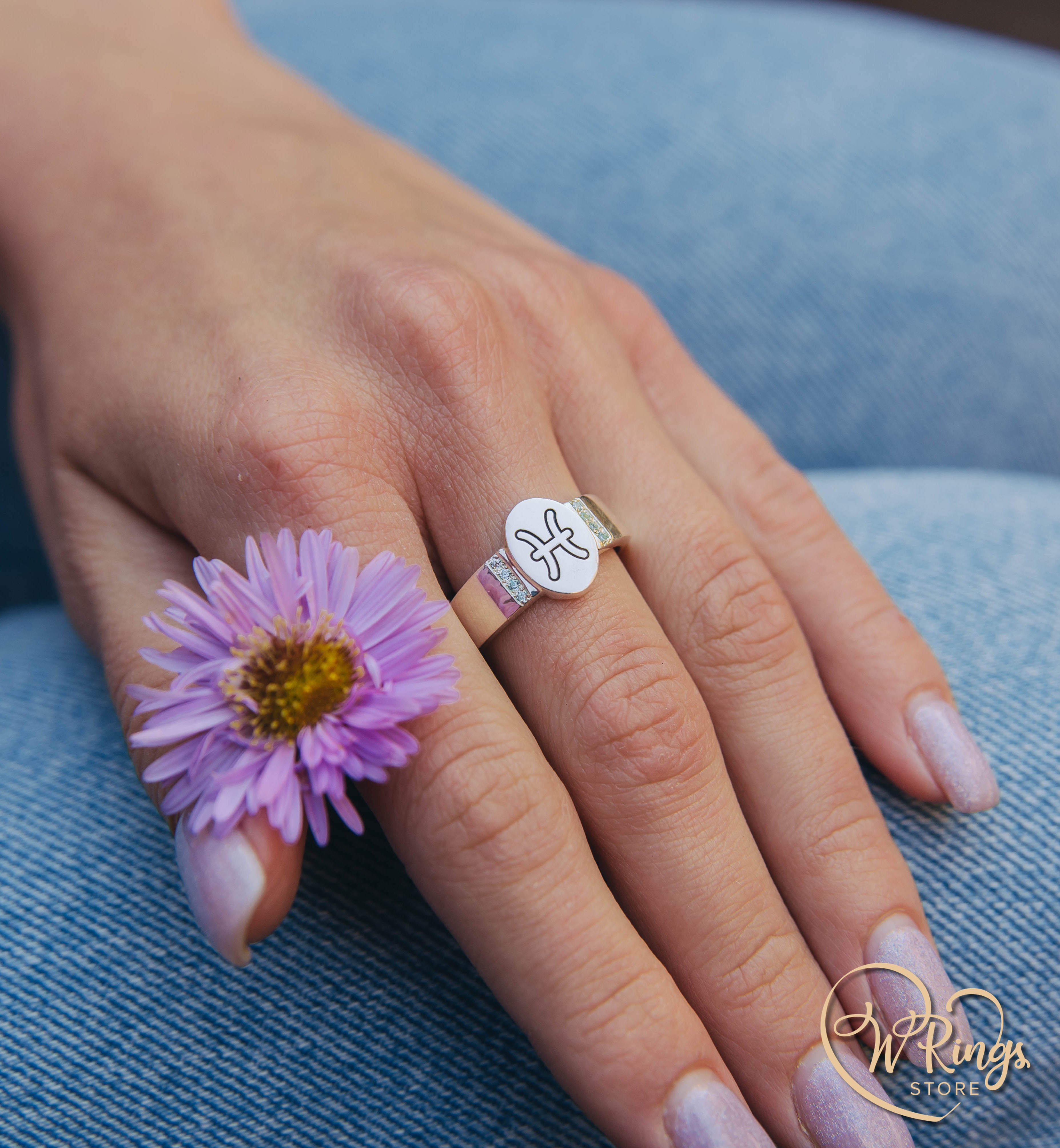 Oval shape Pisces Signet Ring & Side Topazes