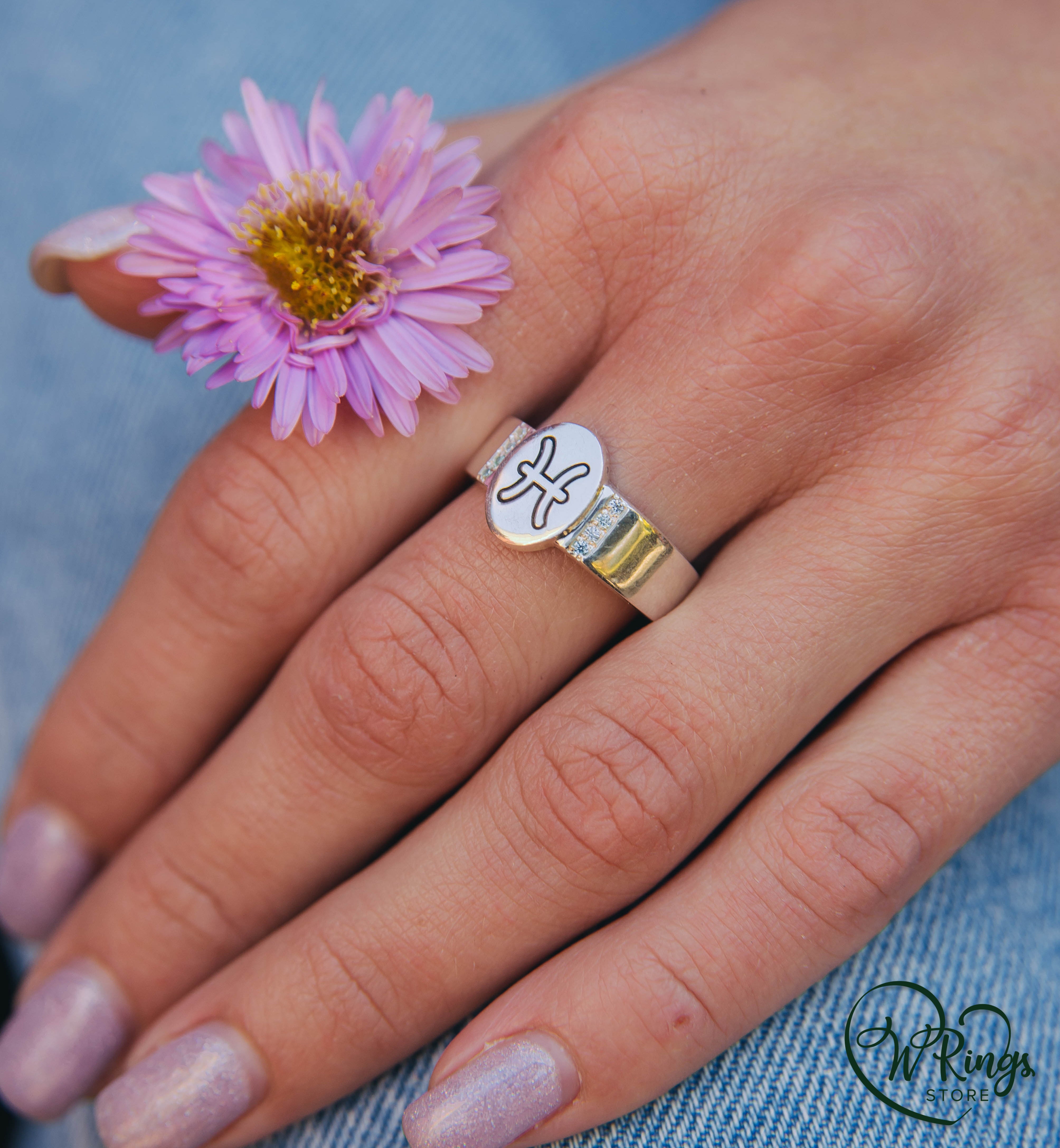 Oval shape Pisces Signet Ring & Side Topazes