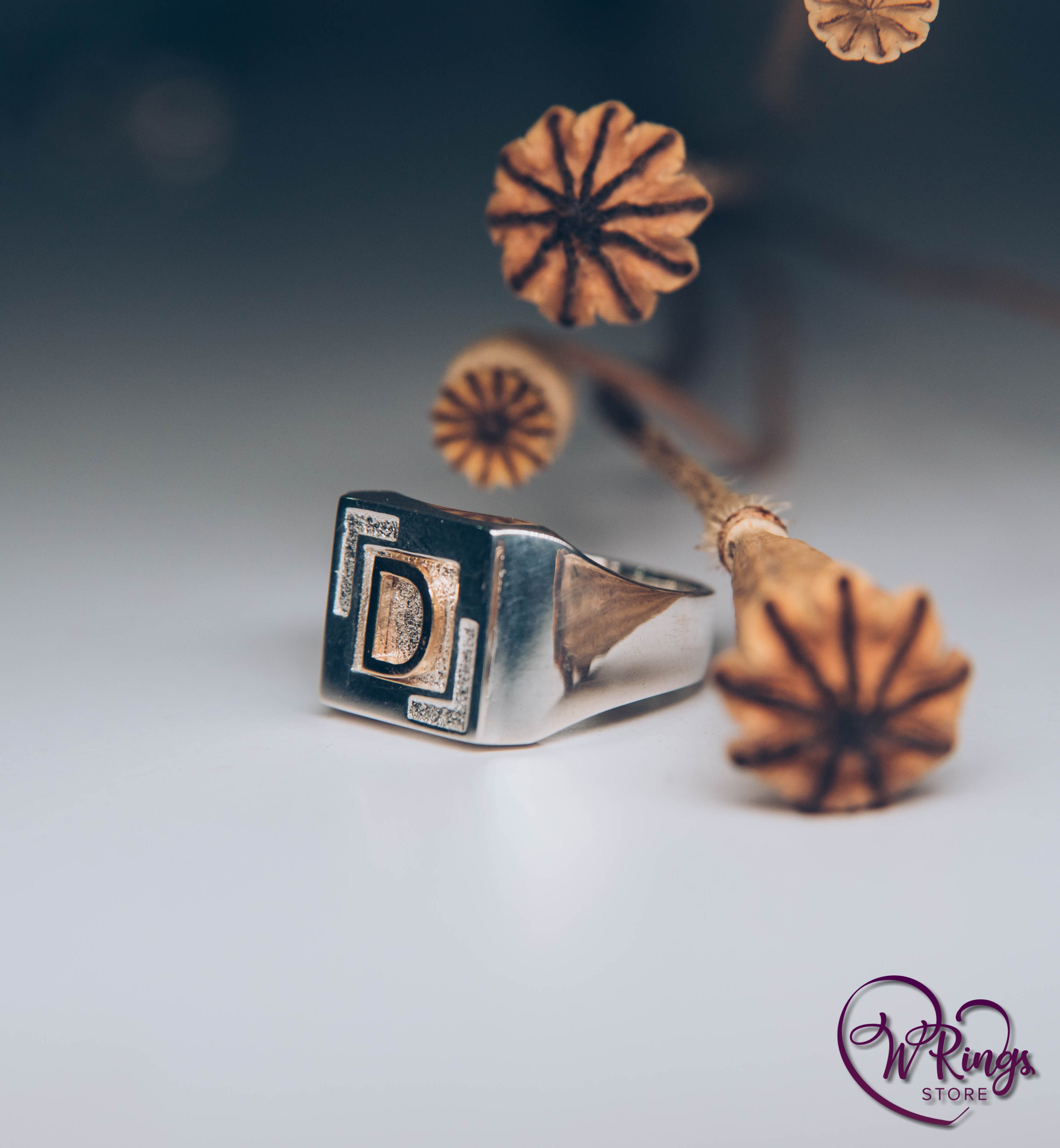 Personalized Gold Letter D on Silver Square Signet Ring