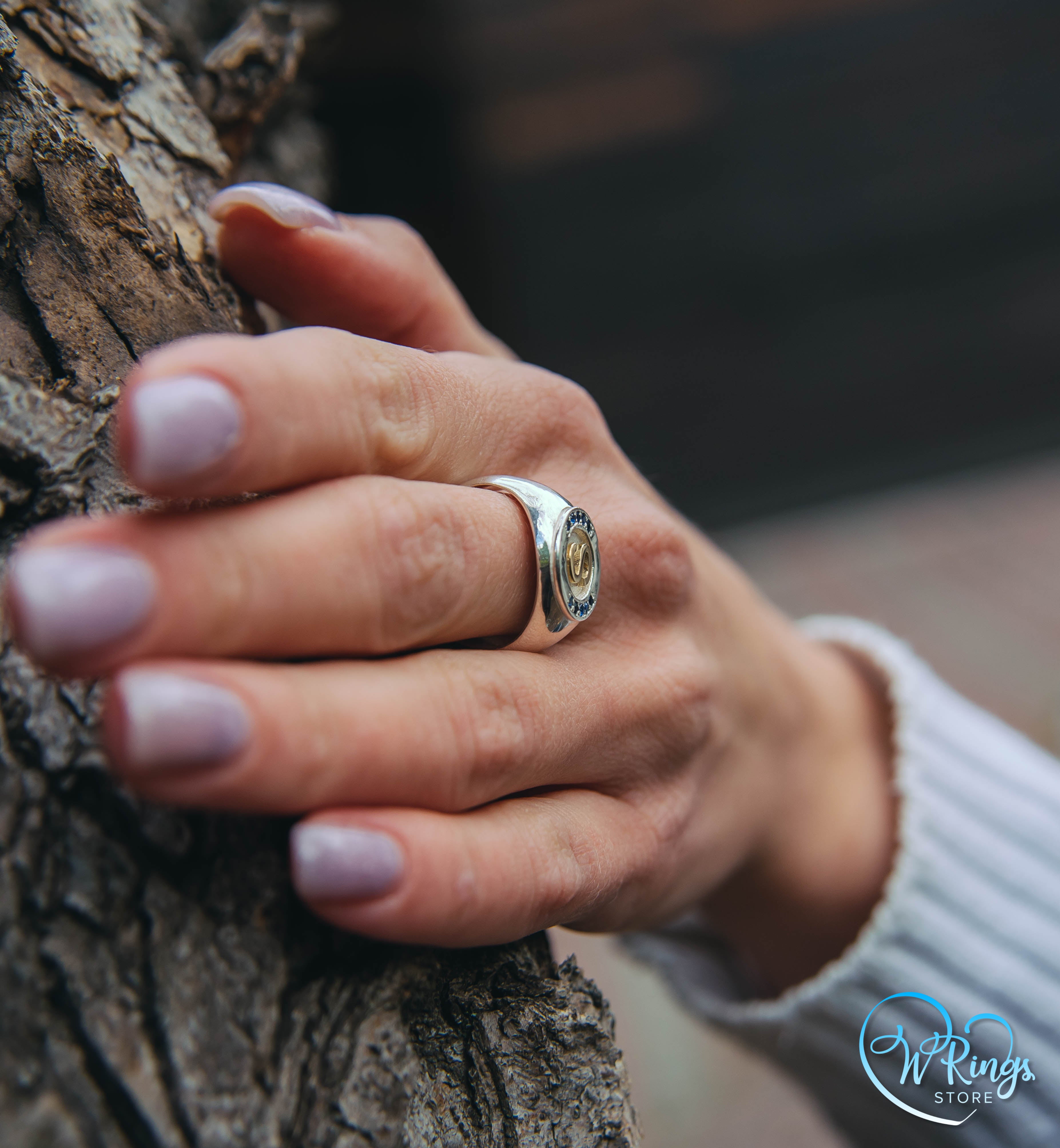 Personalized Gold Letter S & Sapphires on Big Silver Round Signet Ring