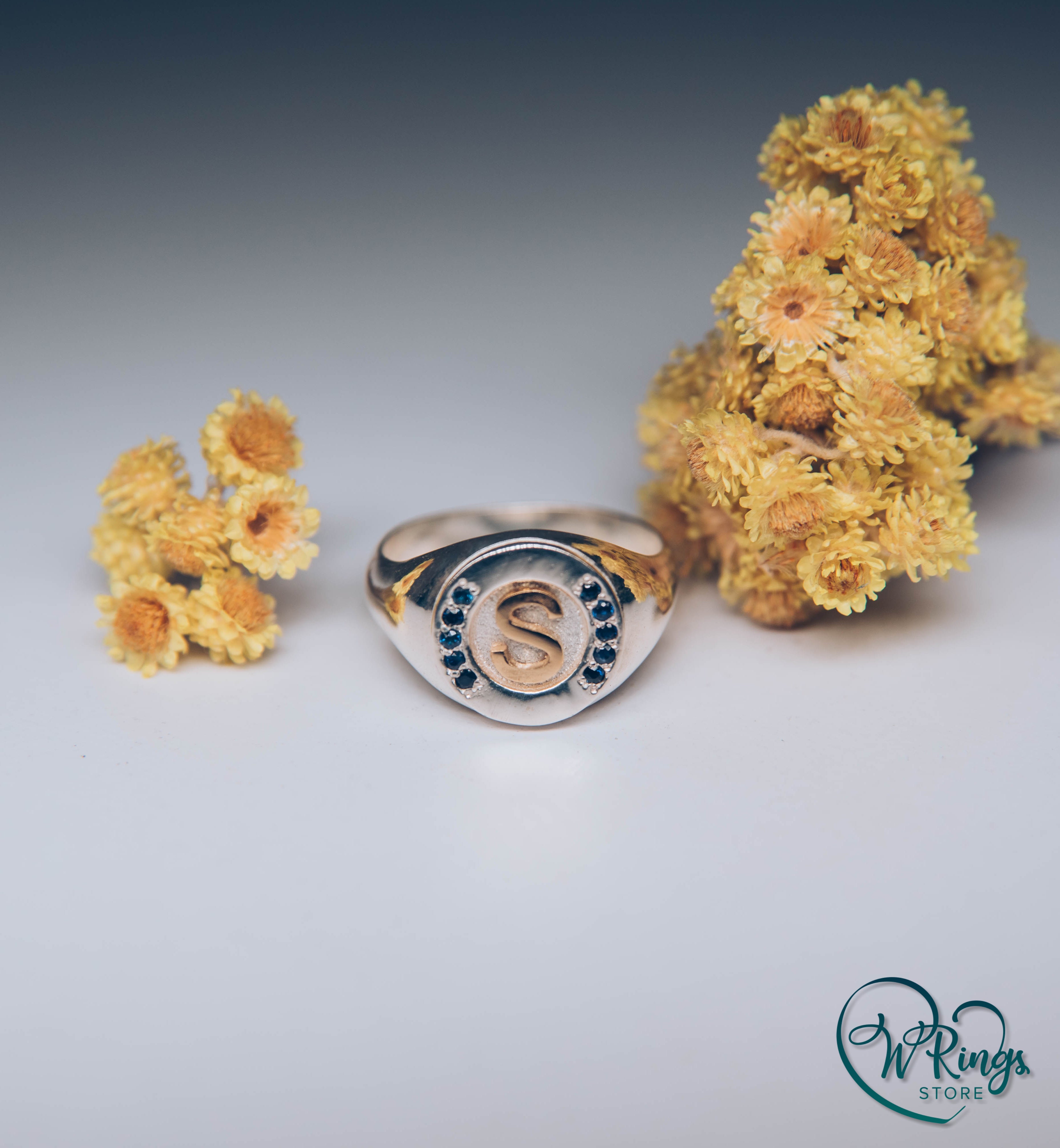 Personalized Gold Letter S & Sapphires on Big Silver Round Signet Ring